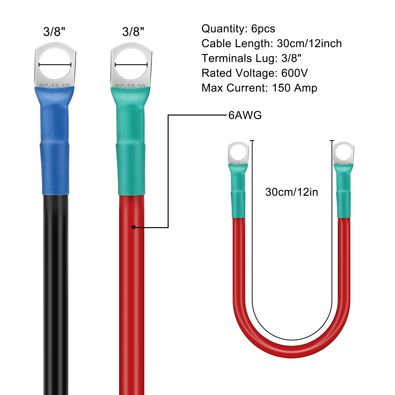 Heavy-Duty 6AWG Battery Cables, 6Pcs 12V 30cm/12in with 3/8″ M10 Connectors