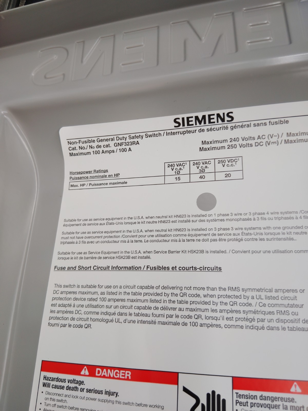 Siemens GNF323RA 100A 240V 3-Pole Non-Fused General Duty Safety Switch NEMA 3R
