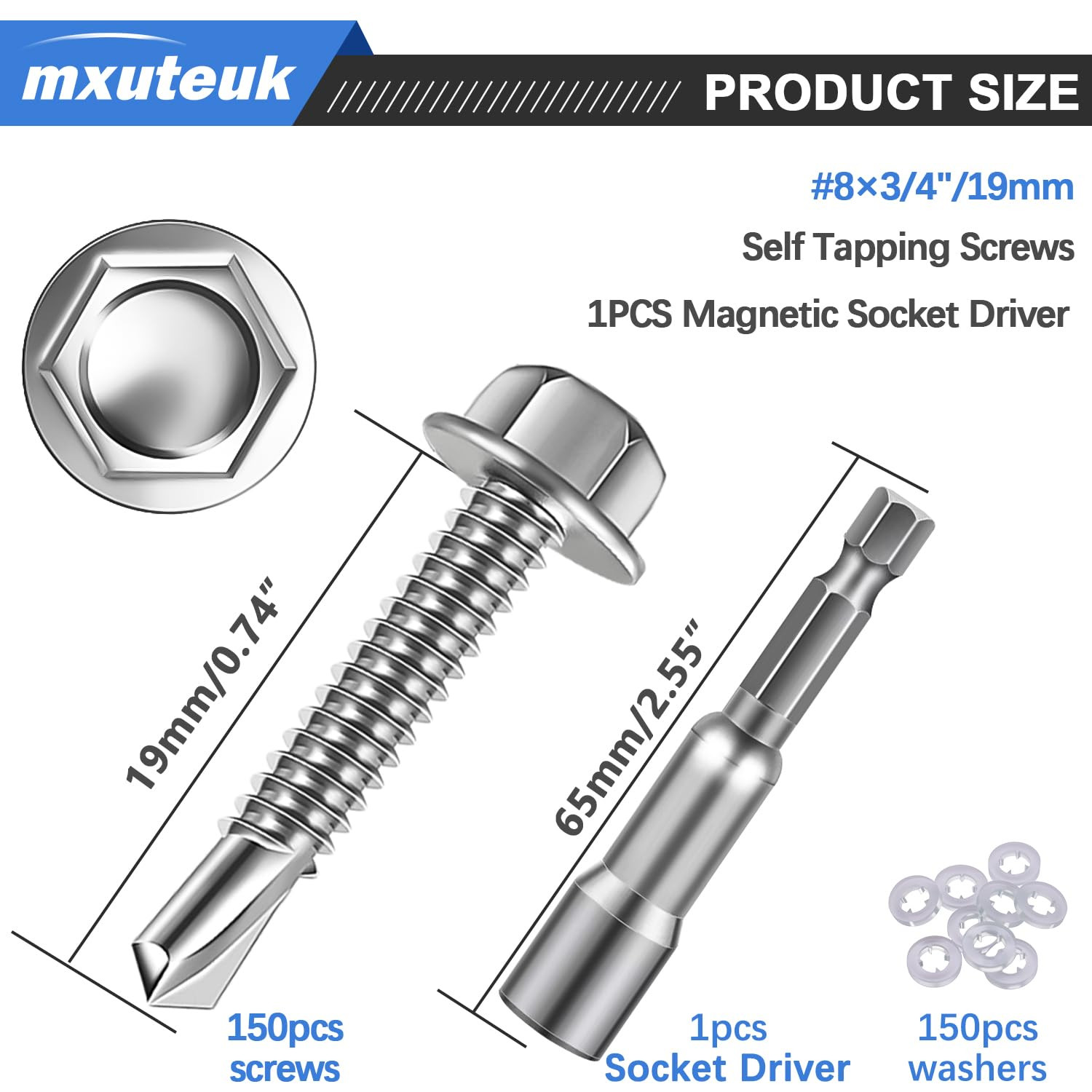 300PCS #8 x 3/4 Self Tapping Screws 410 Stainless Steel Hex Washer Head Fastener