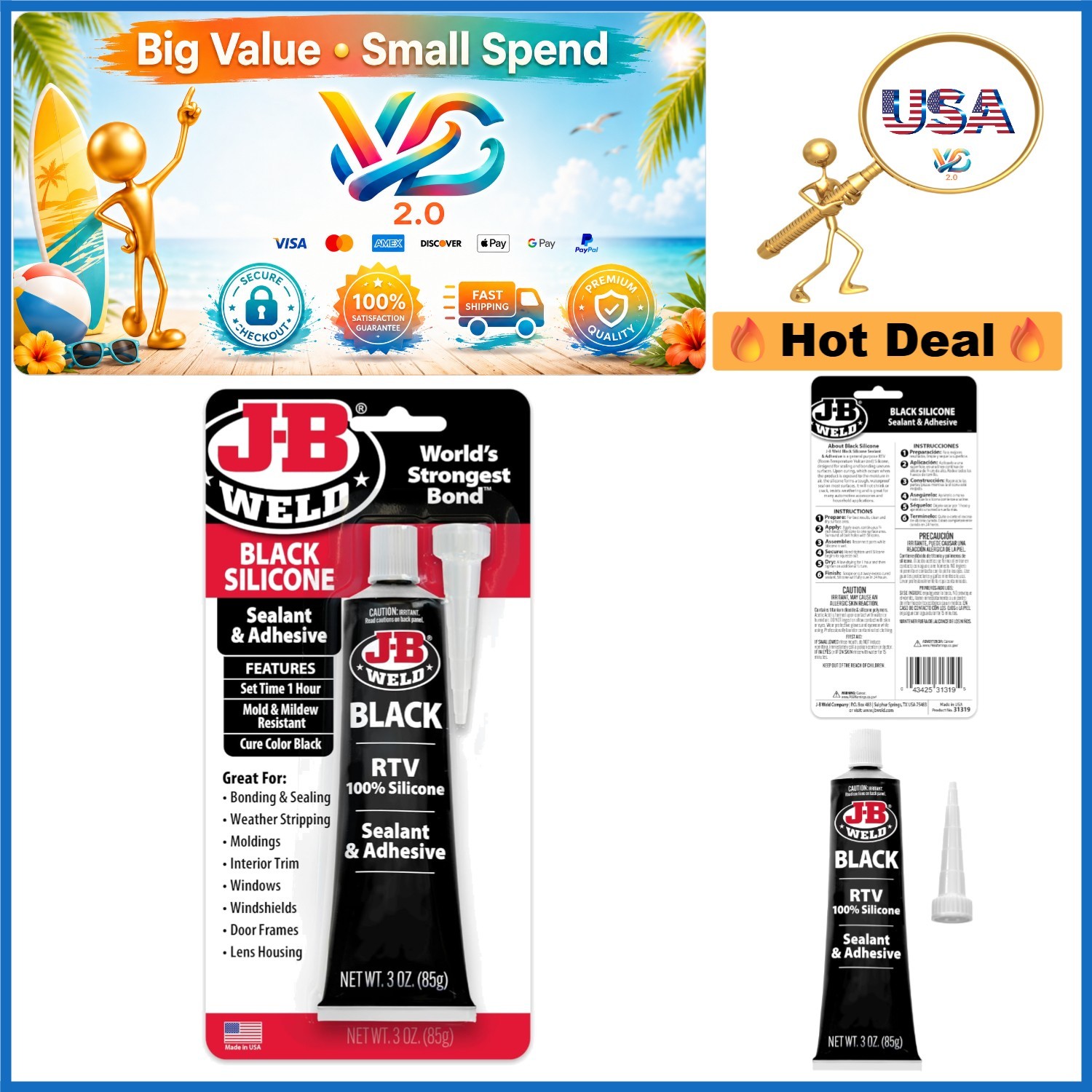 Black RTV Silicone Sealant Adhesive 3 oz Waterproof for Rubber Tile Plastic