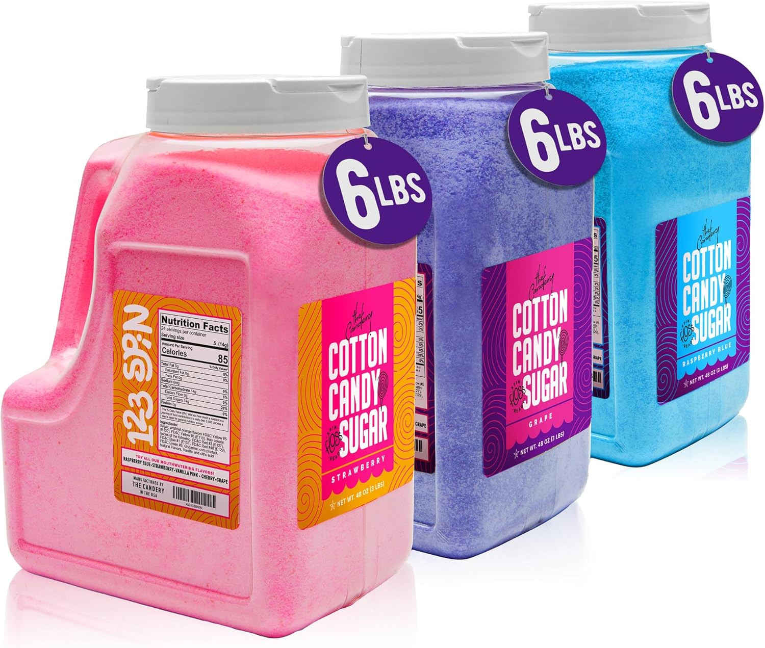Cotton Candy Floss Sugar 6Lbs 96Oz Jars- 3 Pack Strawberry, Raspberry Blue and G