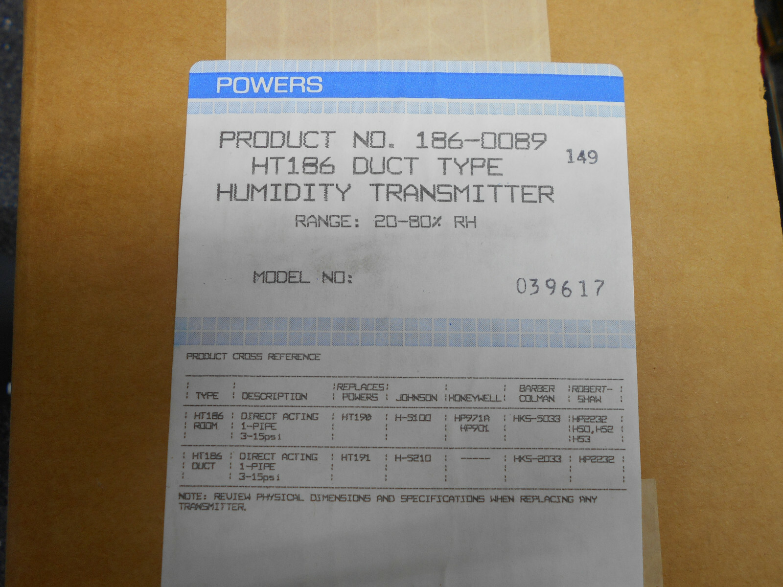 POWERS 186-0089 HT186 HUMIDITY TRANSMITTER DUCT 20-80% RH