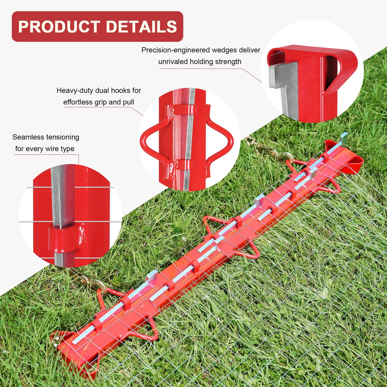 Fence Stretcher Tool Woven Wire 4ft 4.4ft Length 5 Wedges Red Carbon Steel