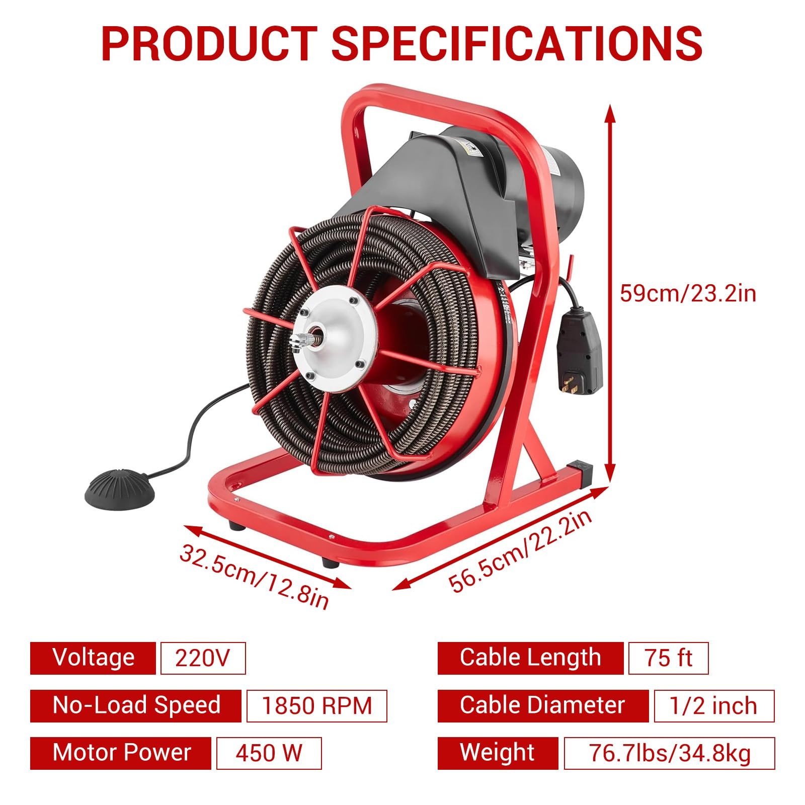 75 ft x 1/2 in Drain Cleaner Machine, 400W Drain Snake with 6 Cutters & Foot …