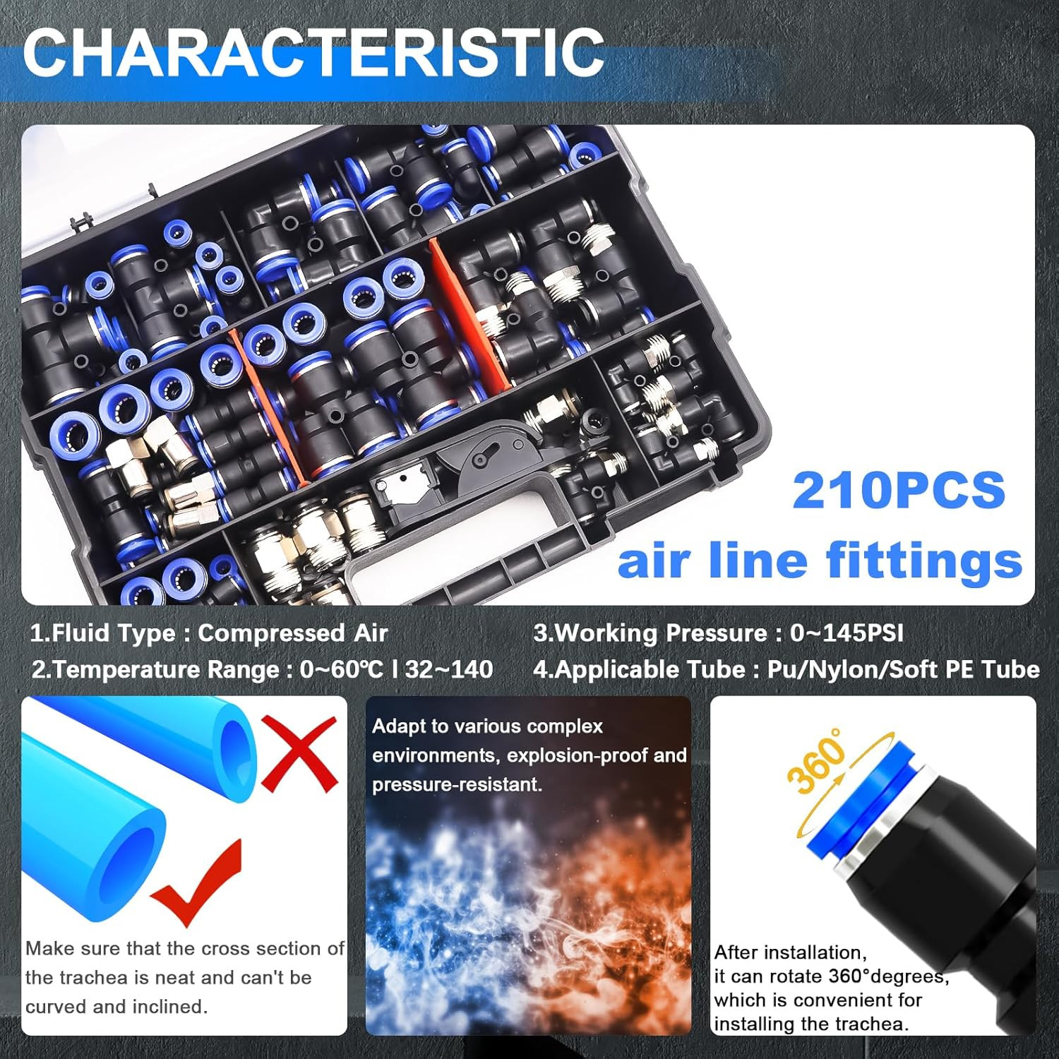 210PCS Air Line Quick Connect Fittings,1/8″,1/4″,5/16″,3/8″,1/2″,4/6/8/10Mm OD P