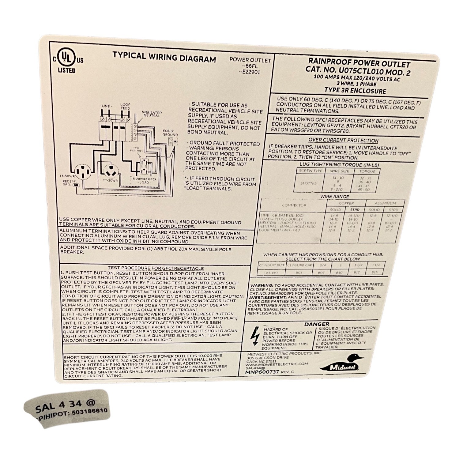 Midwest U075CTL010 100A RV Power Outlet Box 120/240V 50A 30A 20A NEMA 3R