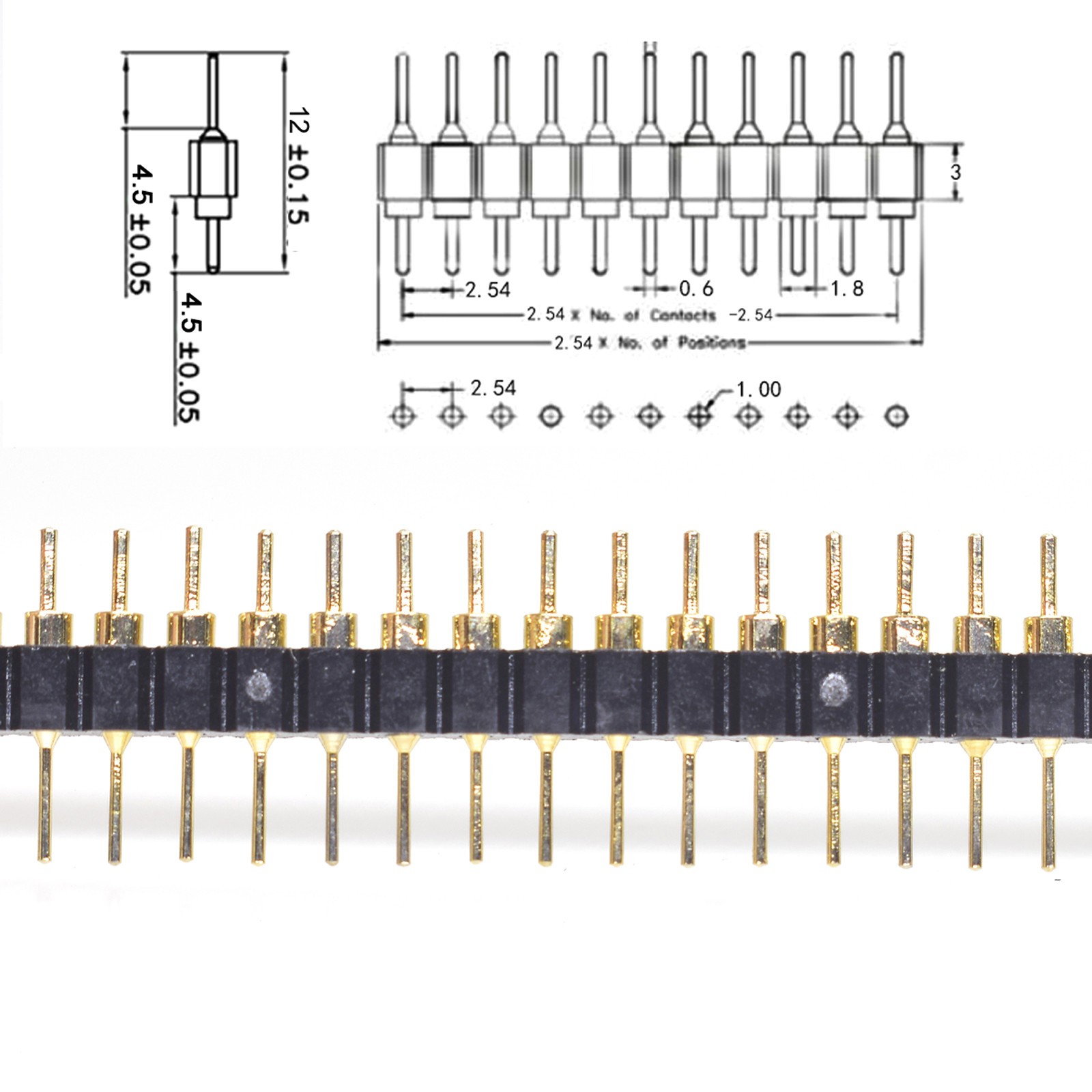 100x Gold Round 40pin Male single row 0.1″ 2.54mm pitch PCB Panel Pin Header US