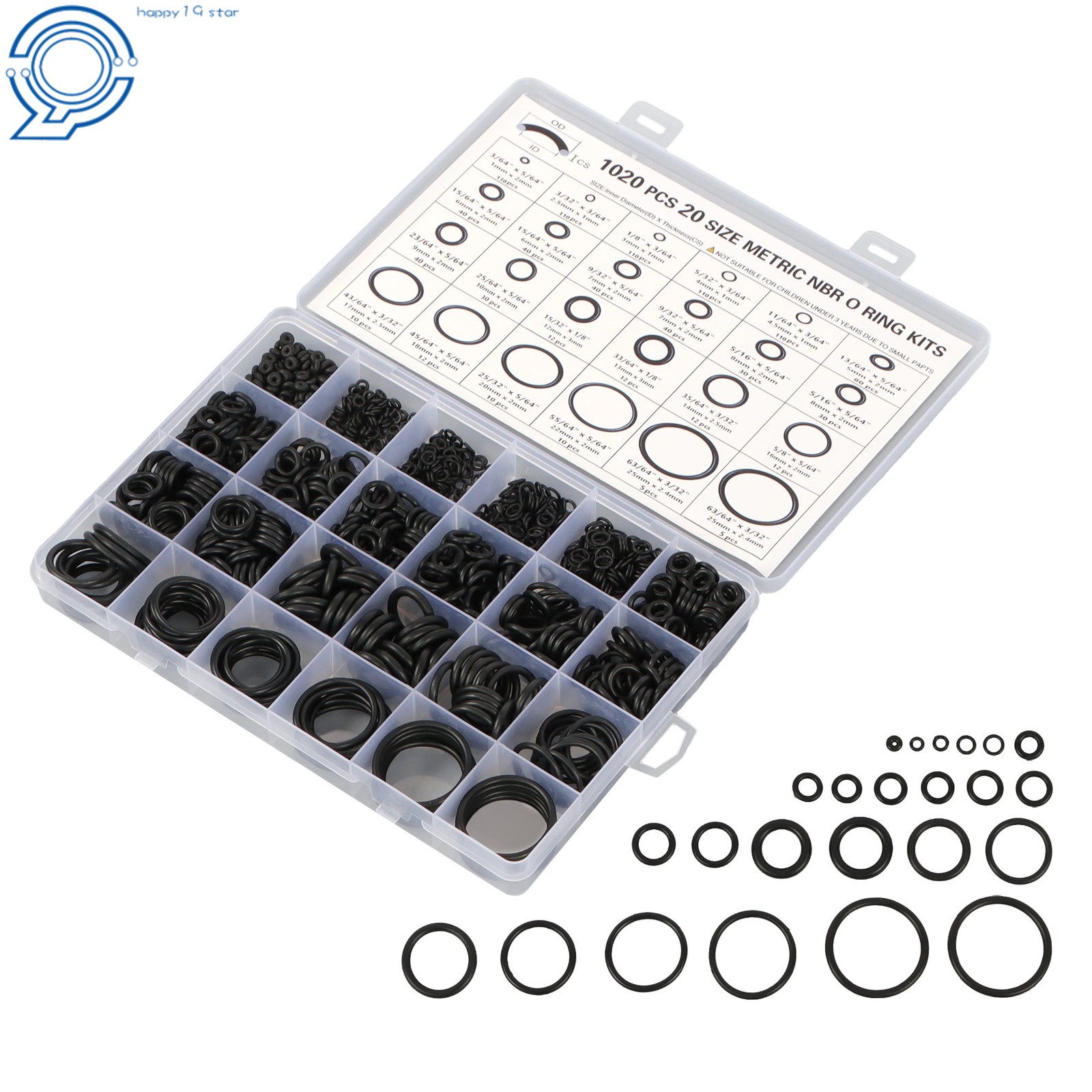 1020-Piece Nitrile Rubber O-Ring Assortment, 20 Sizes Resists Oil and Heat