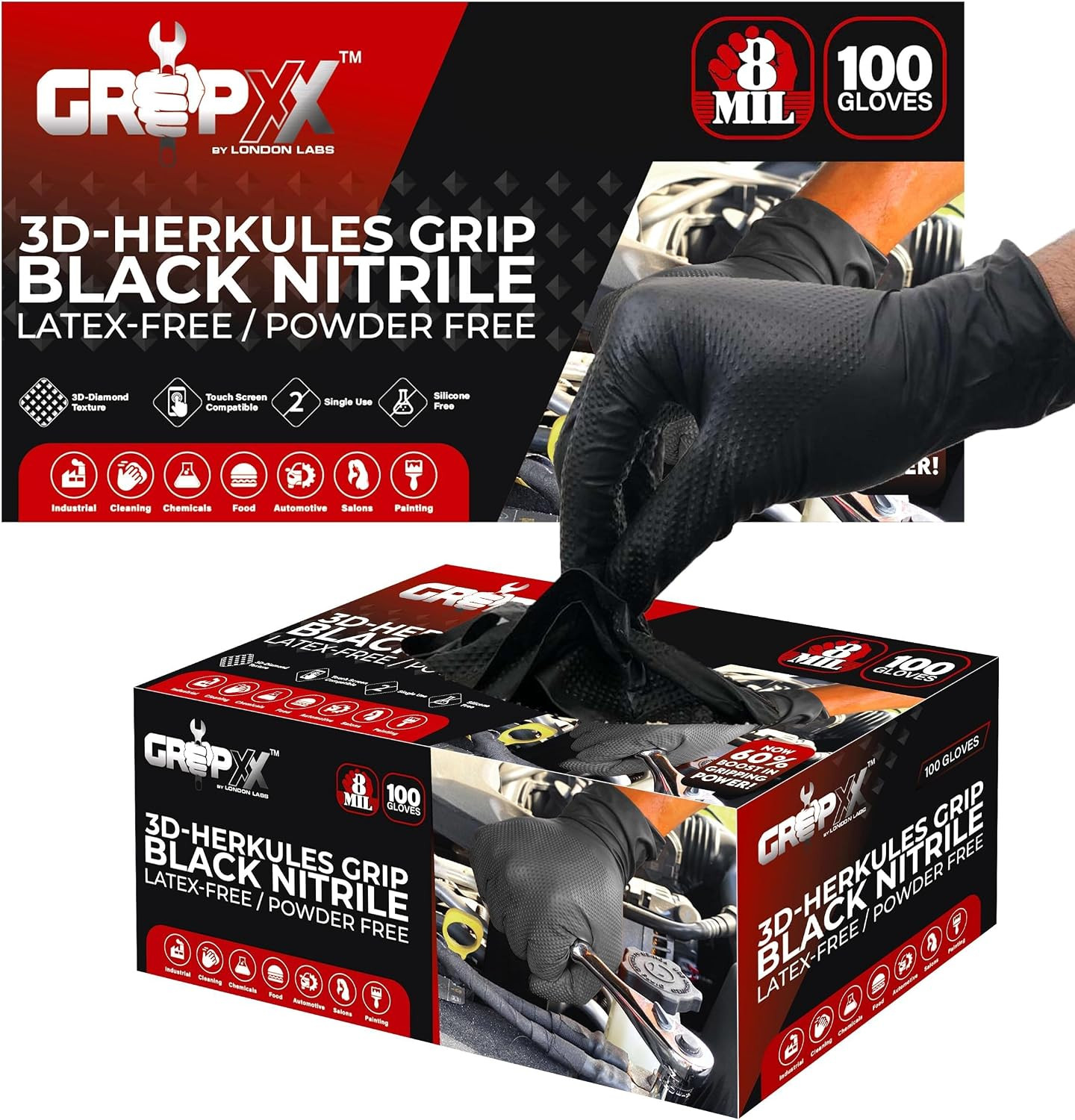 Herkules Grip Heavy Duty 8Mil Black Nitrile Gloves,3D Raised Diamond Texture-Lat