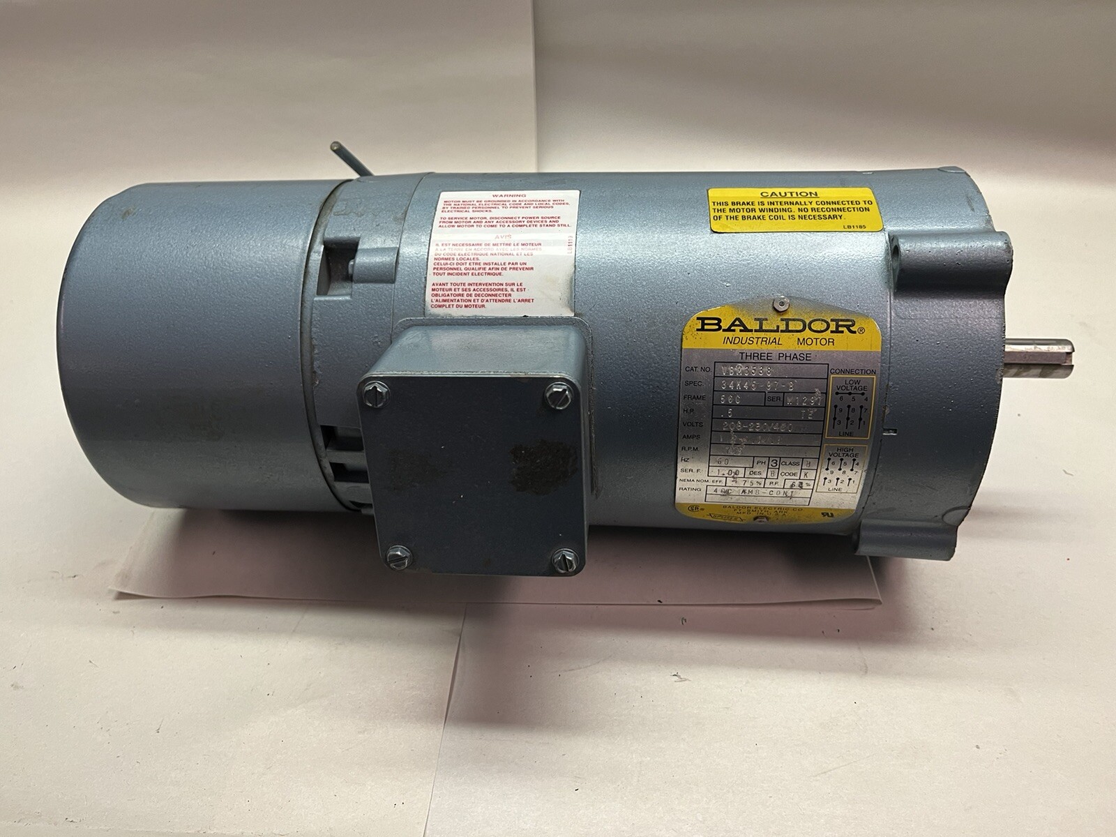 BALDOR,VBM3538,BRAKE MOTOR 1/2HP 3PH 1725RPM 56C