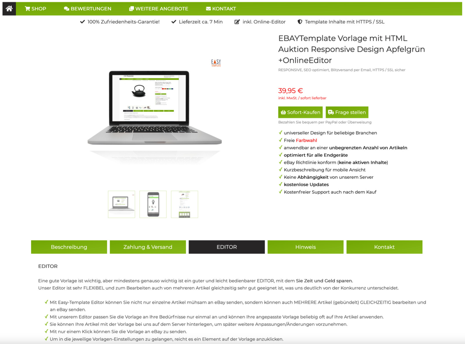 EBAYTemplate Vorlage mit HTML Auktion Responsive Design Apfelgrün +OnlineEditor