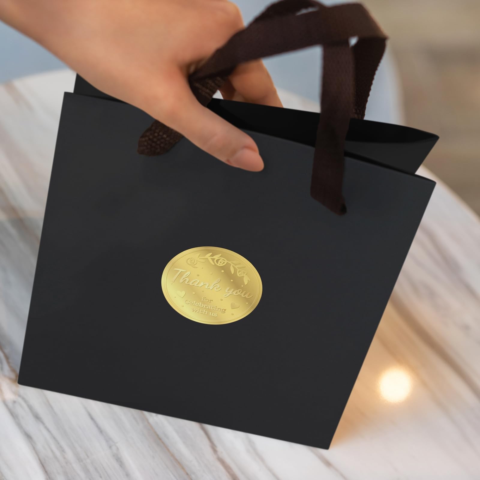 100 x Thank You for Celebrating with us Favor Stickers Labels, Gold Foil