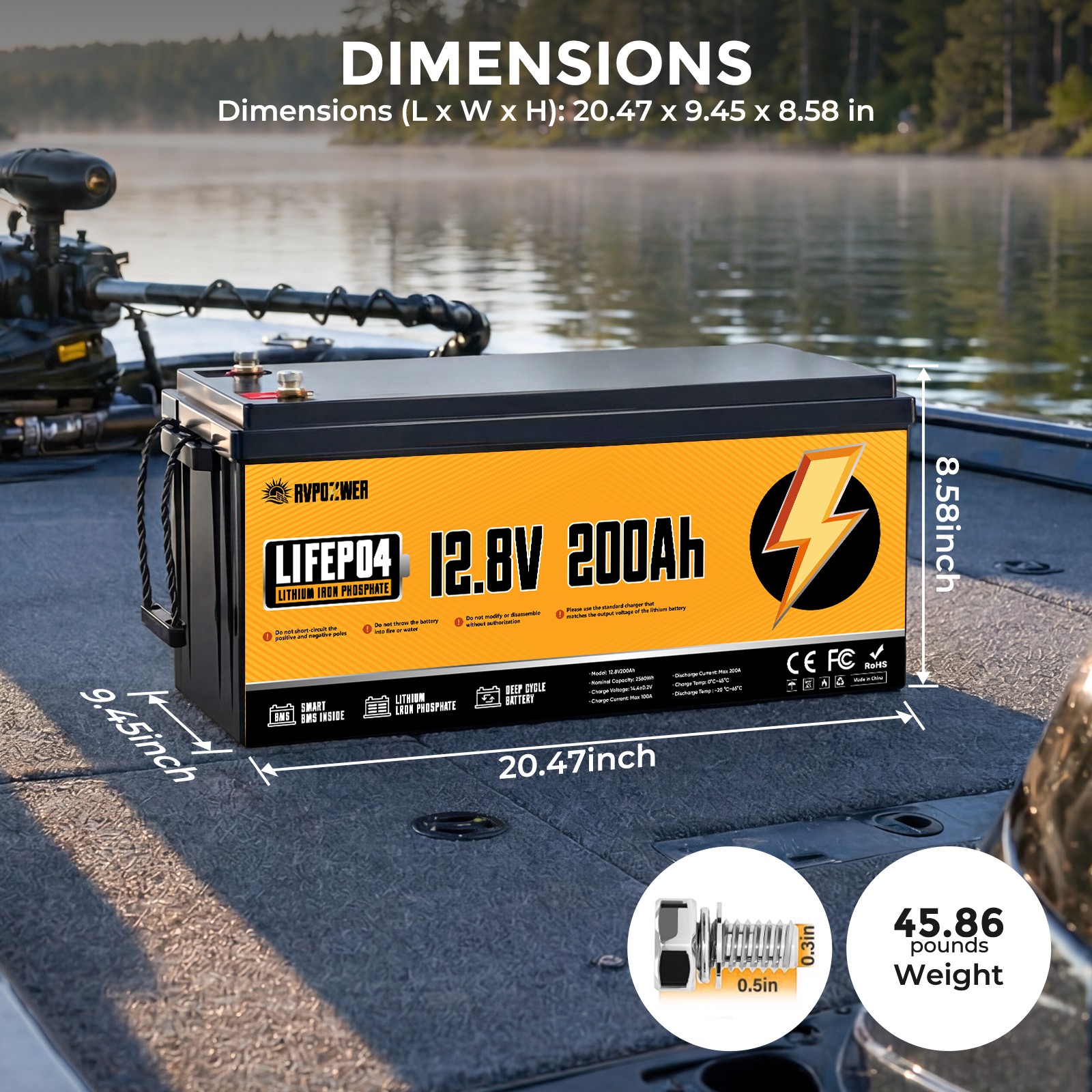 12V 200Ah Lithium LiFePO4 Battery 2560Wh Built-in BMS Deep Cycle Marine RV Solar
