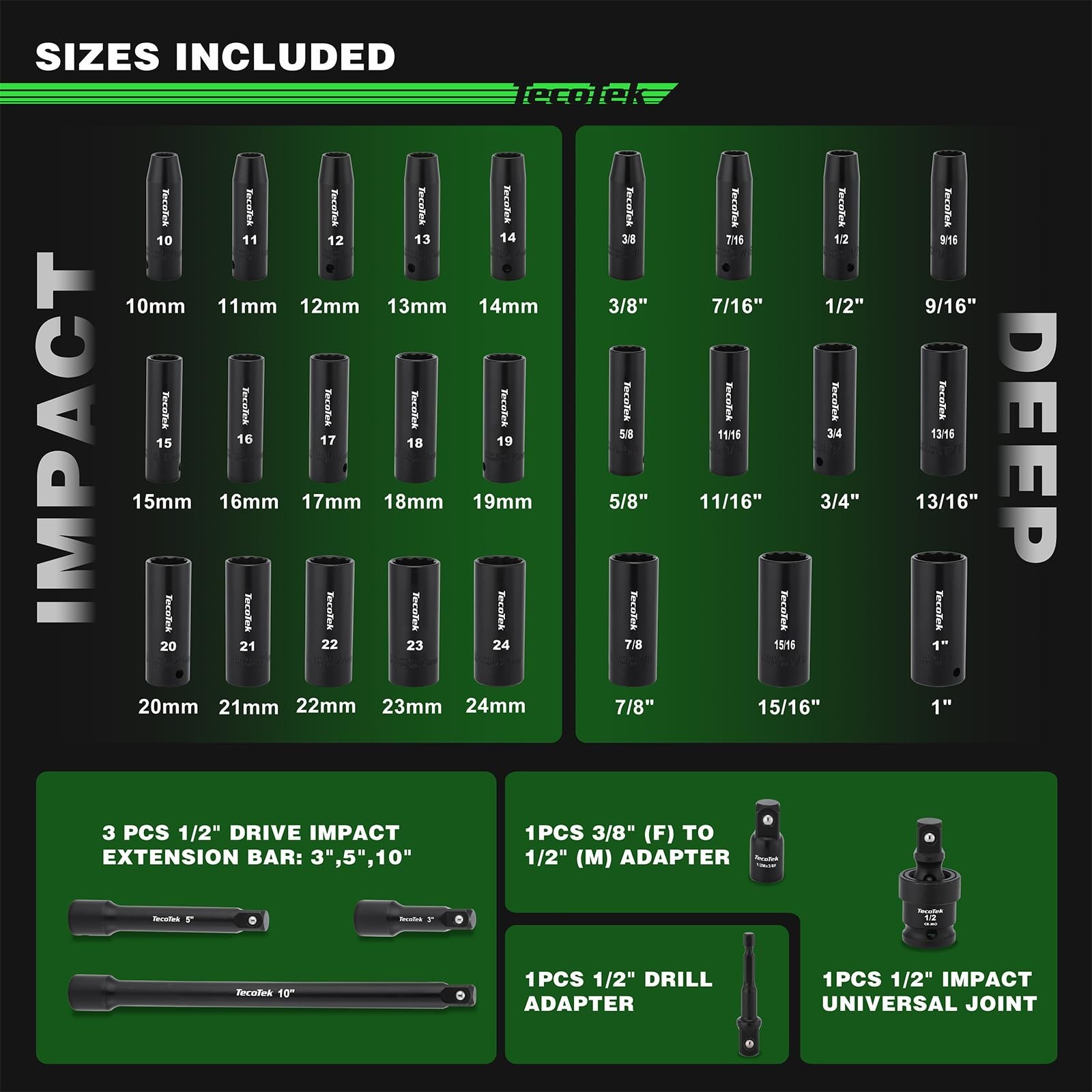 TecoTek 1/2″ Drive Deep 12-Point Impact Socket Set, 32-Piece Socket Set, SAE