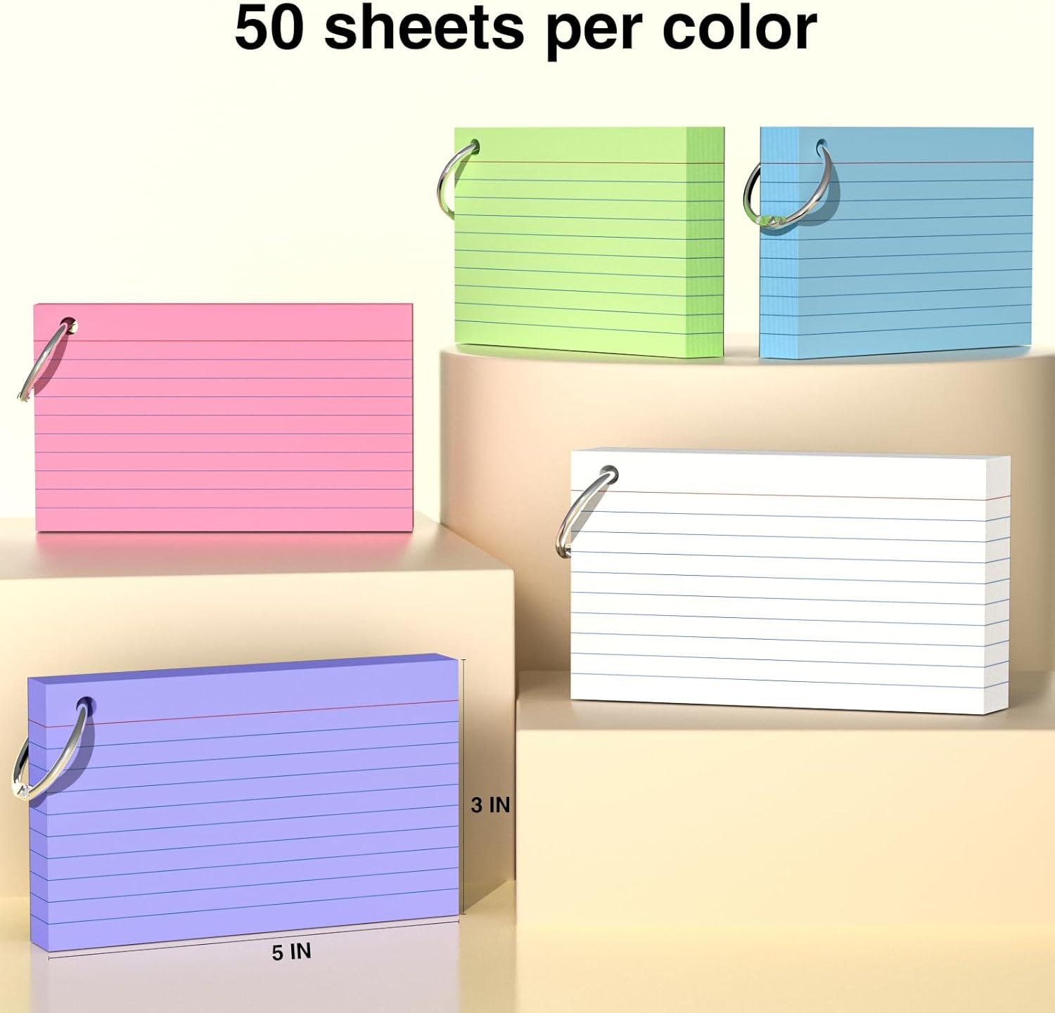 Tarjetas de indice de colores 250 unidades 3×5 pulgadas con llavero de estudio