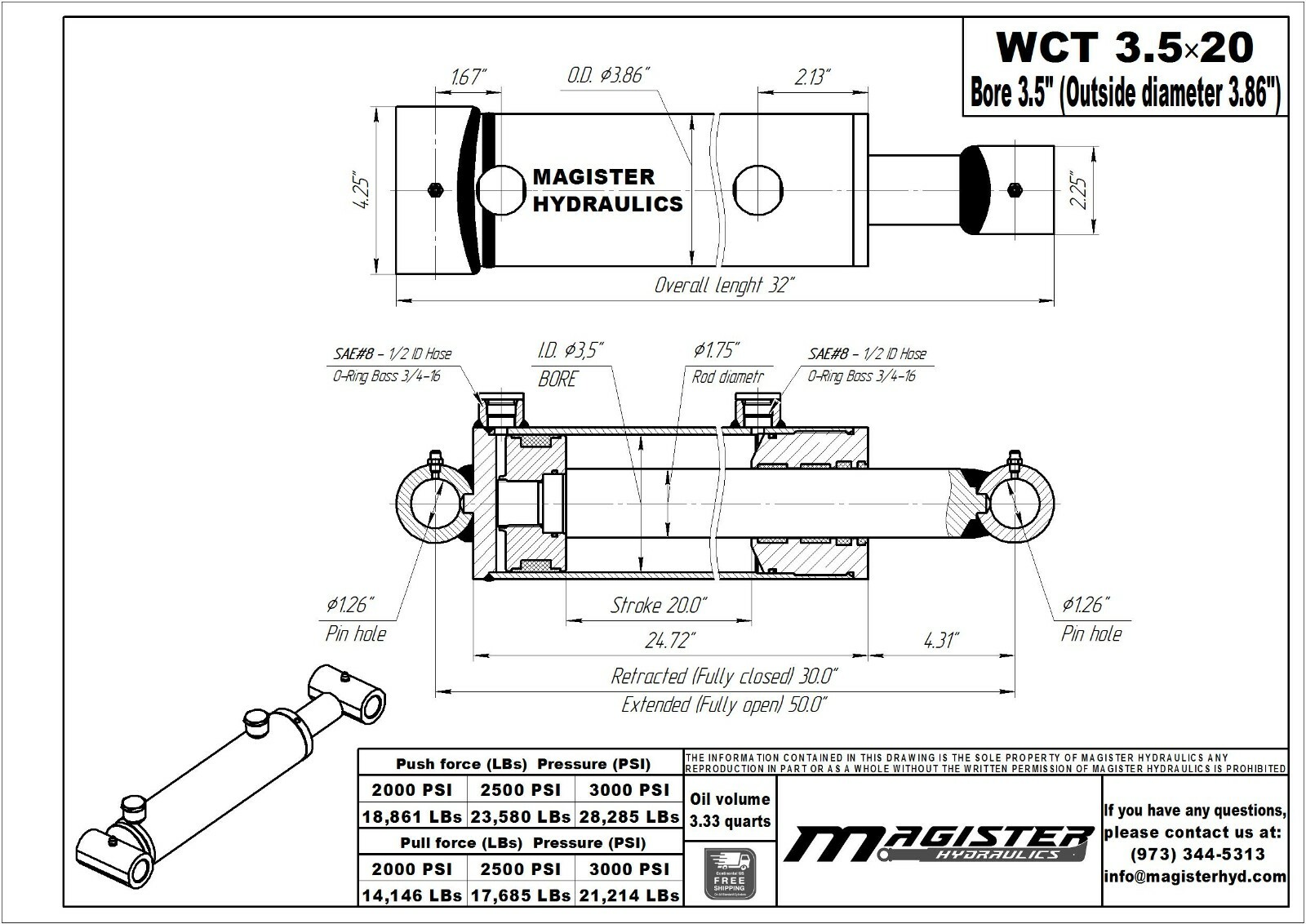 Hydraulic Cylinder Welded Double Acting 3.5″ Bore 20″ Stroke Cross Tube 3.5×20