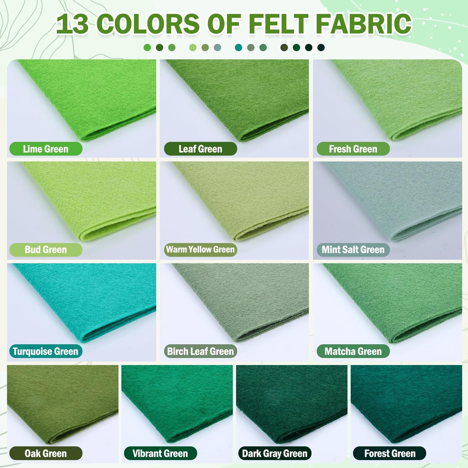 XSEINO 13 Rolls 8″x35″ 1.4mm Thick Soft Felt Fabric Sheet 13 Assorted Green S…