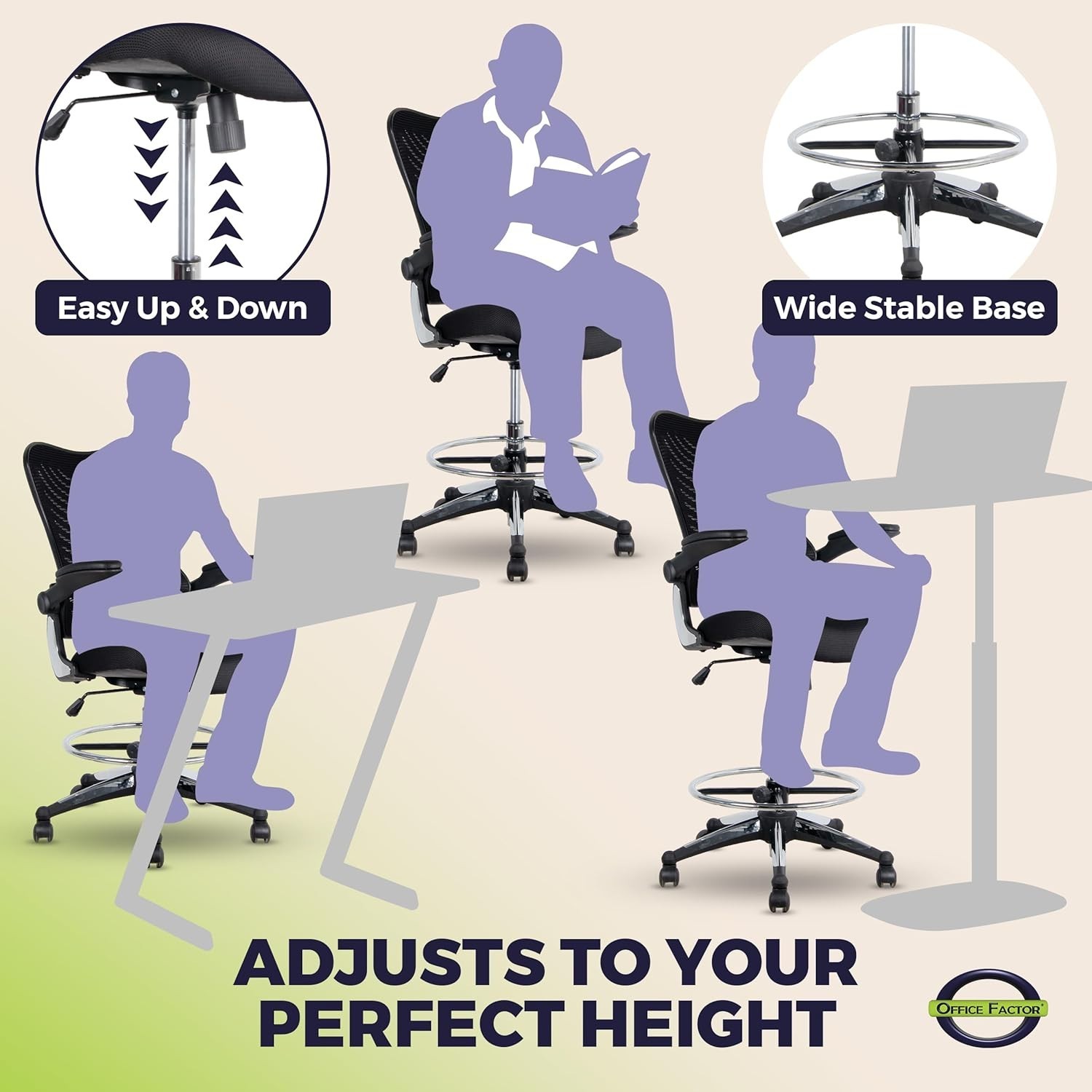 300 Lbs Support Ergonomic Drafting Chair – Adjustable Foot Ring & Cool Mesh Back