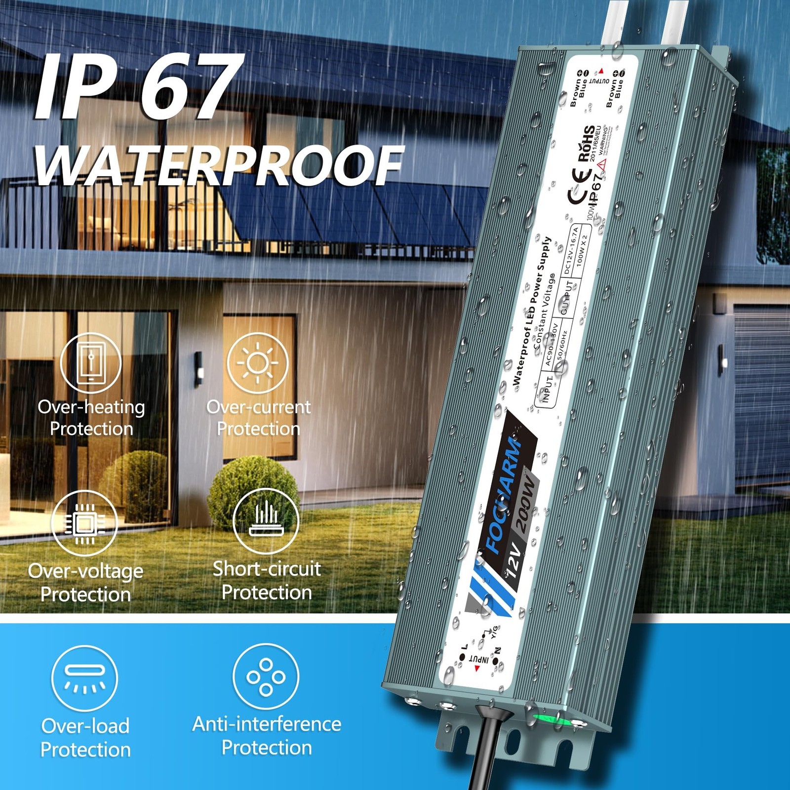 Waterproof LED-Driver Outdoor Transformer: DC12V 200W 16.7A – IP67 – AC 90-13…