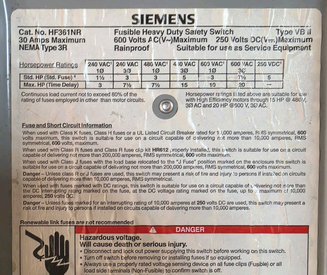 Siemens HF361NR 30A 600V 3P Fused Safety Switch NEMA 3R With (3) Littelfuse…