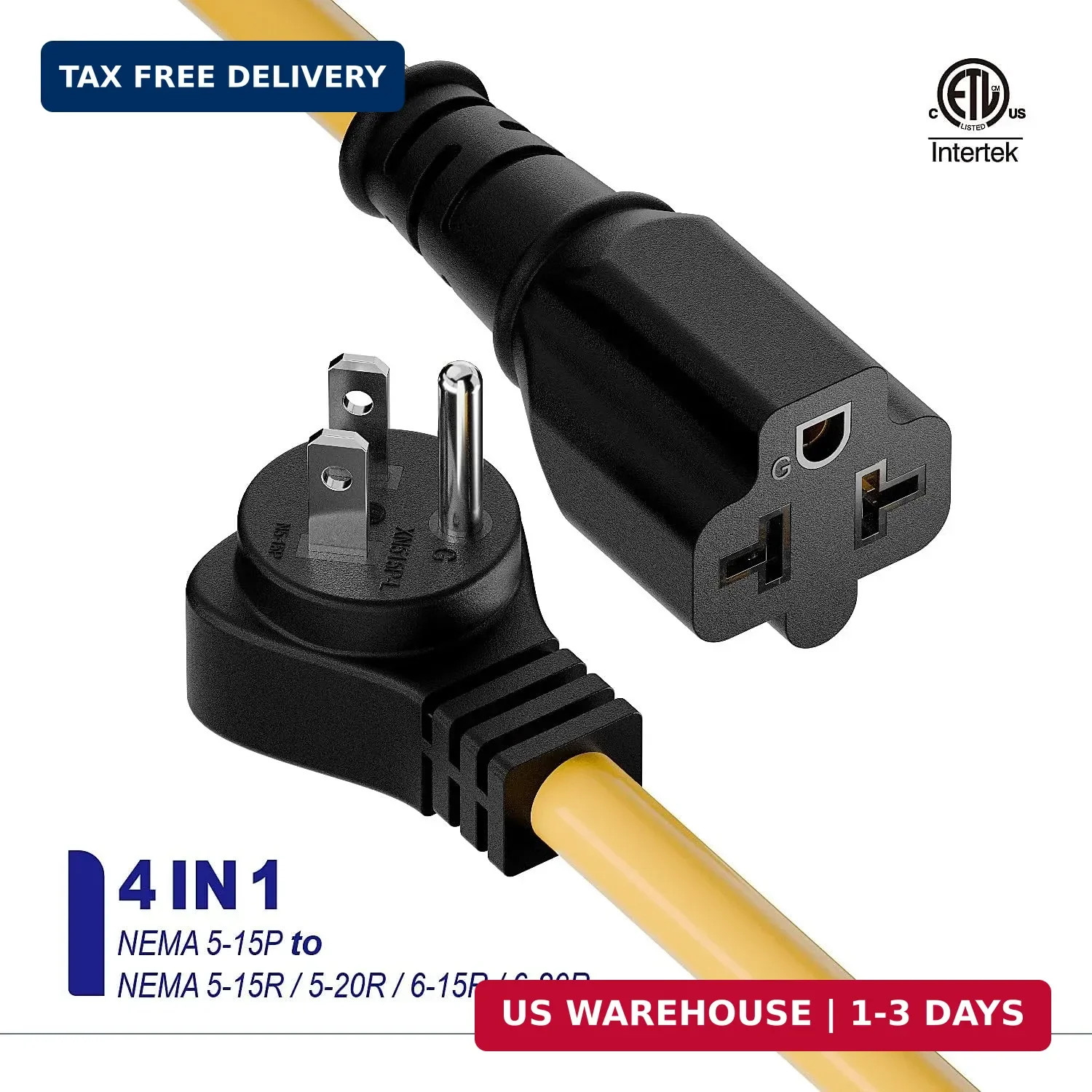 Right Angled [4-in-1] 15 Amp Household AC Plug to 20 Amp T Blade Adapter,5-15P t