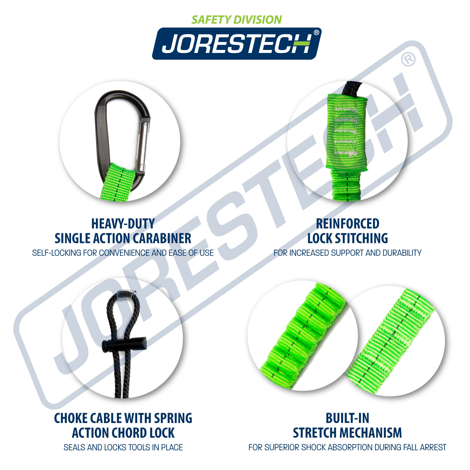 Tool Lanyard Shock Absorbing with Carabiner, 15lbs JORESTECH