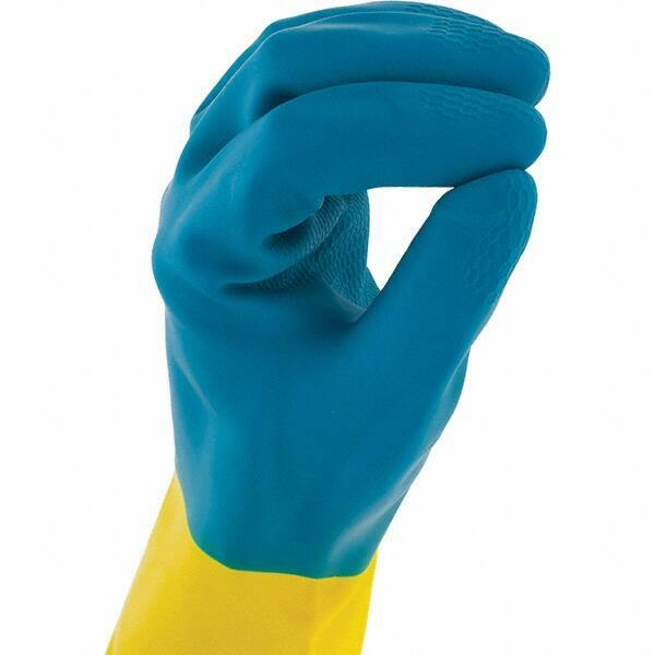 (12 PAIR) CHEMICAL RESISTANT GLOVES BLUE NEOPRENE OVER YELLOW LATEX WORK GLOVES