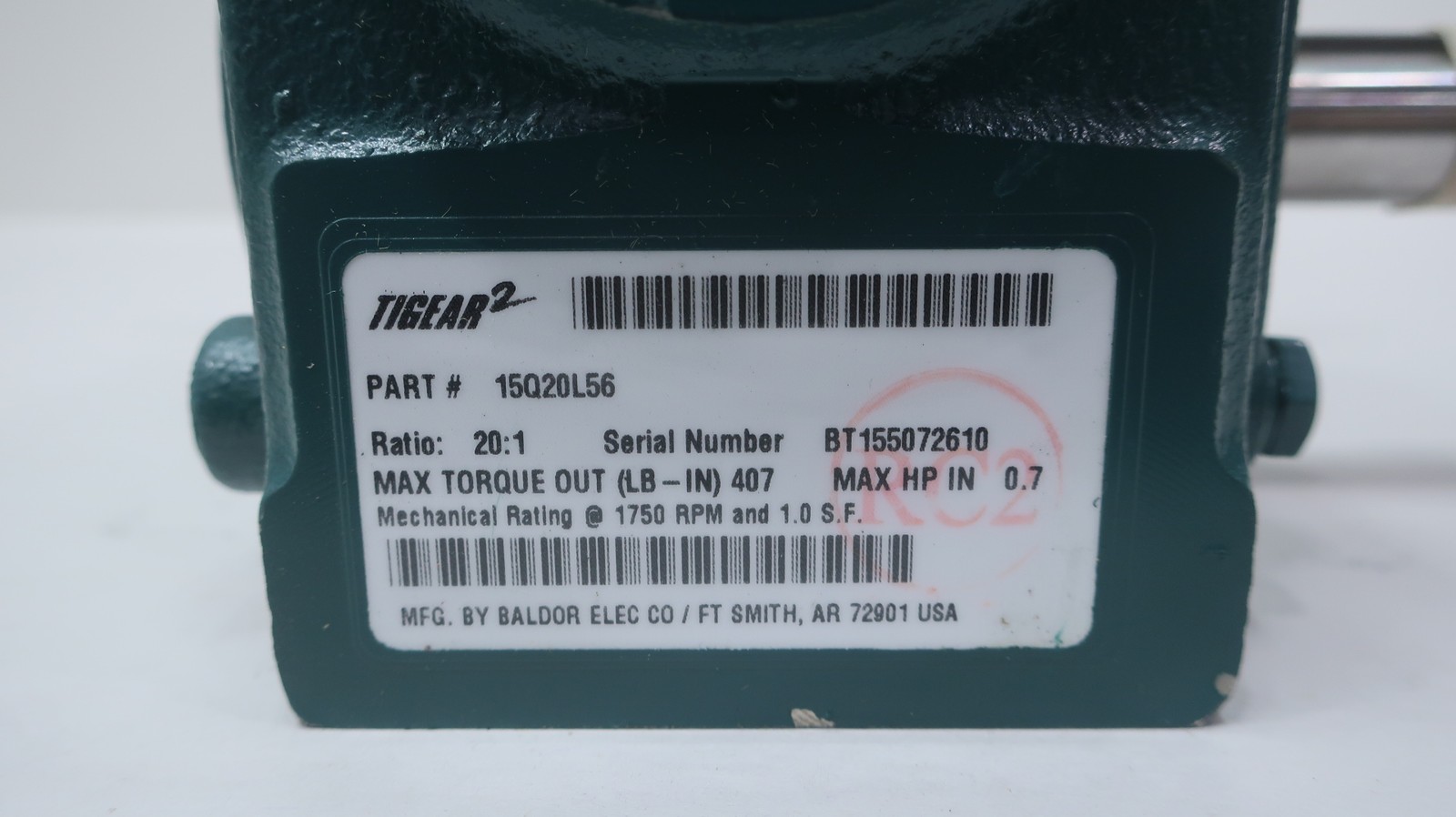 Dodge Tigear 15Q20L56 Right Angle Gear Reducer 3/4in 0.7hp 20:1