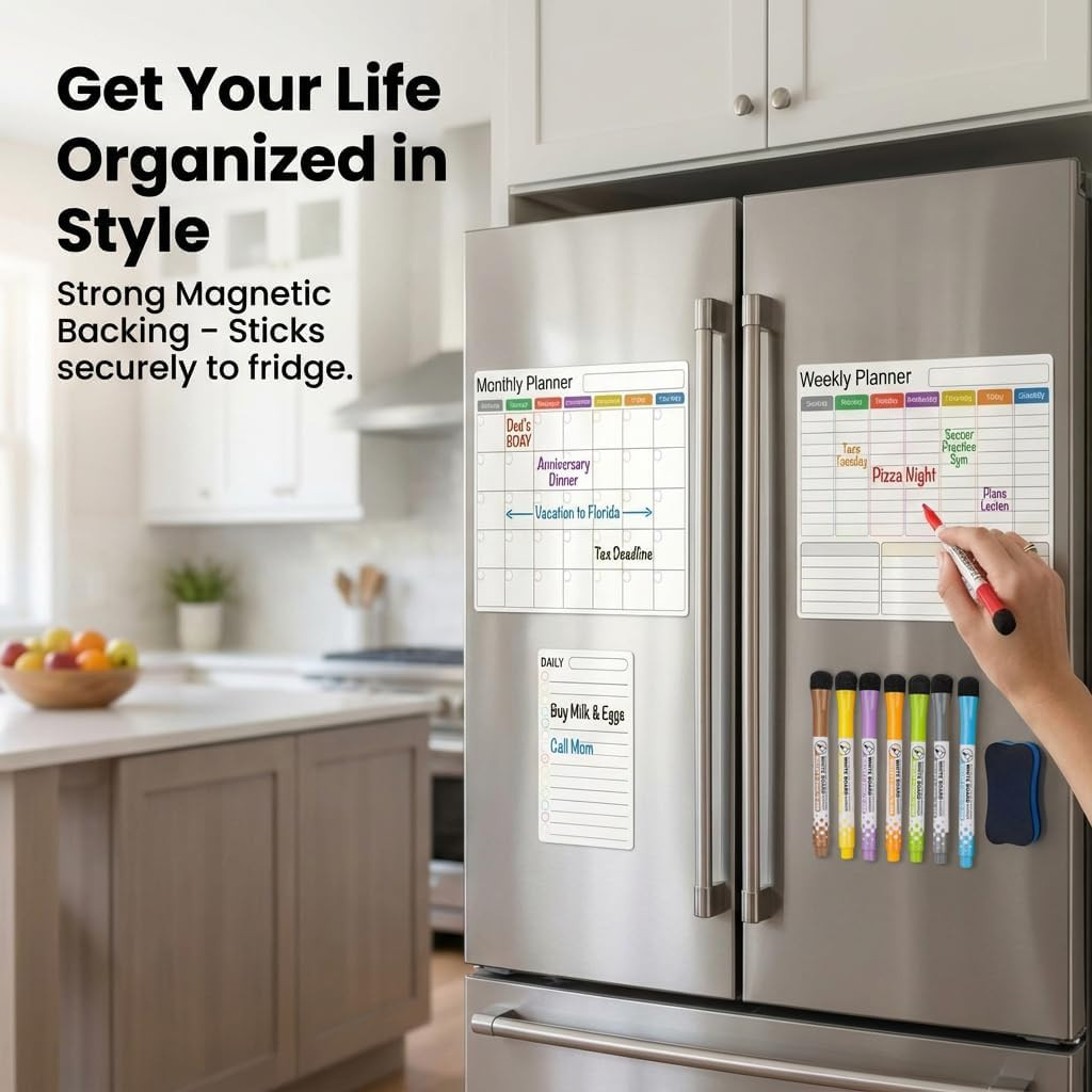 Magnetic Calendar for Refrigerator (3-Pack, Ships Flat) – 17″x12″ Monthly, Weekl