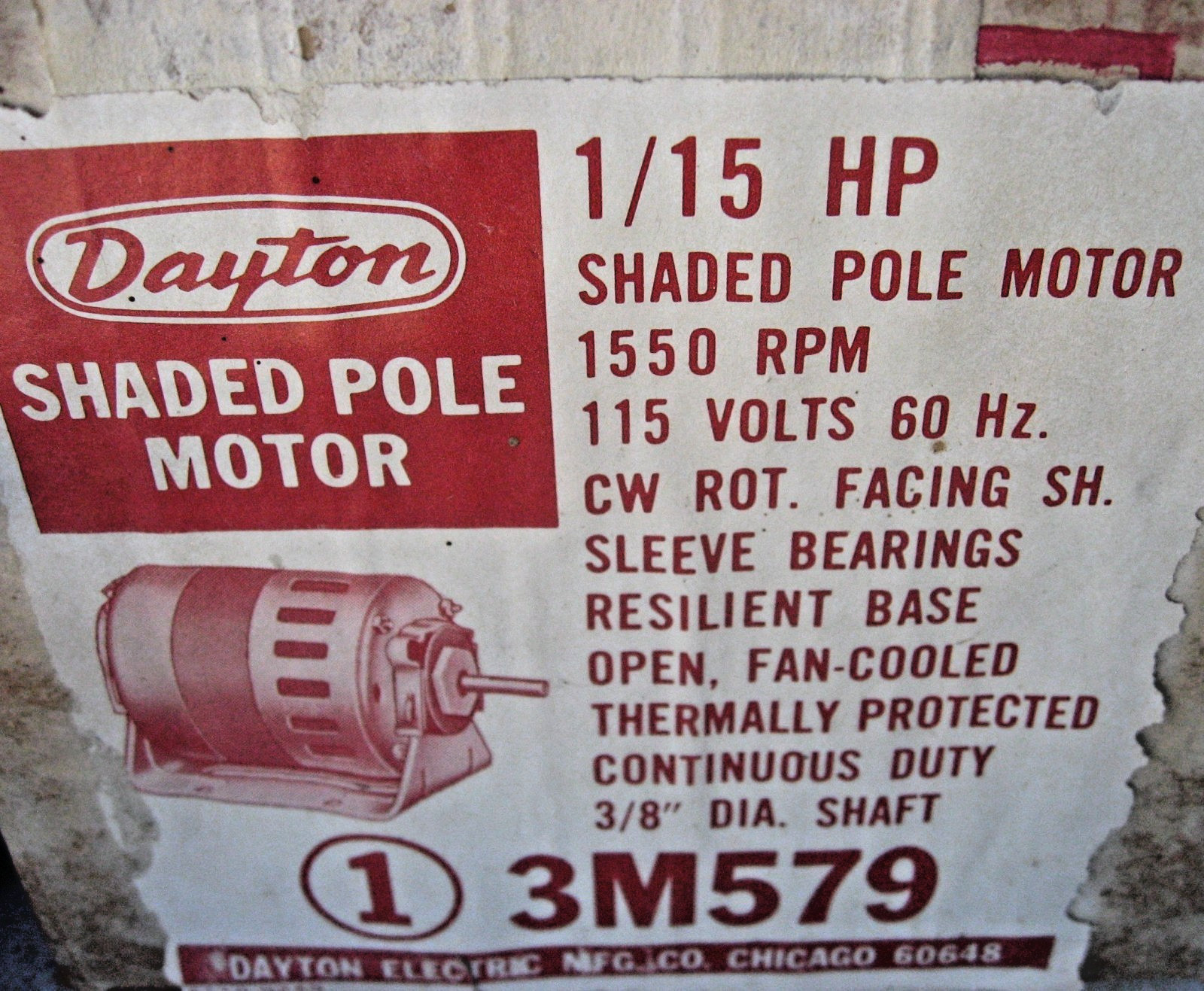 Dayton 1/15 HP Air Over Fan Motor Grainger 3M579 1550 RPM 115v 60 Hz CW 3/8″ Dia