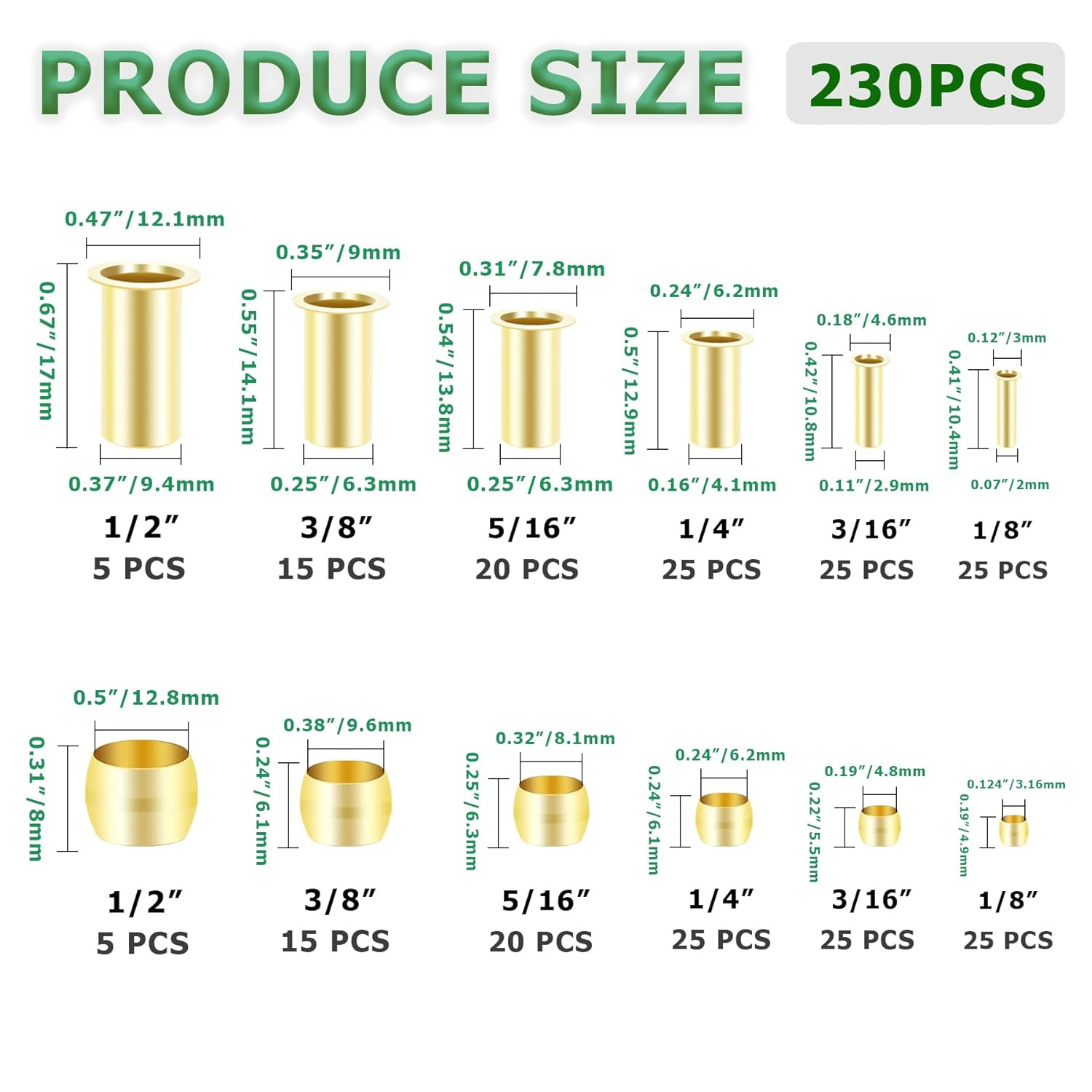 230PCS Brass Compression Sleeves Ferrules & Insert 1/2″ 3/8″ 5/16″ 1/4″ 3/16″ 1/