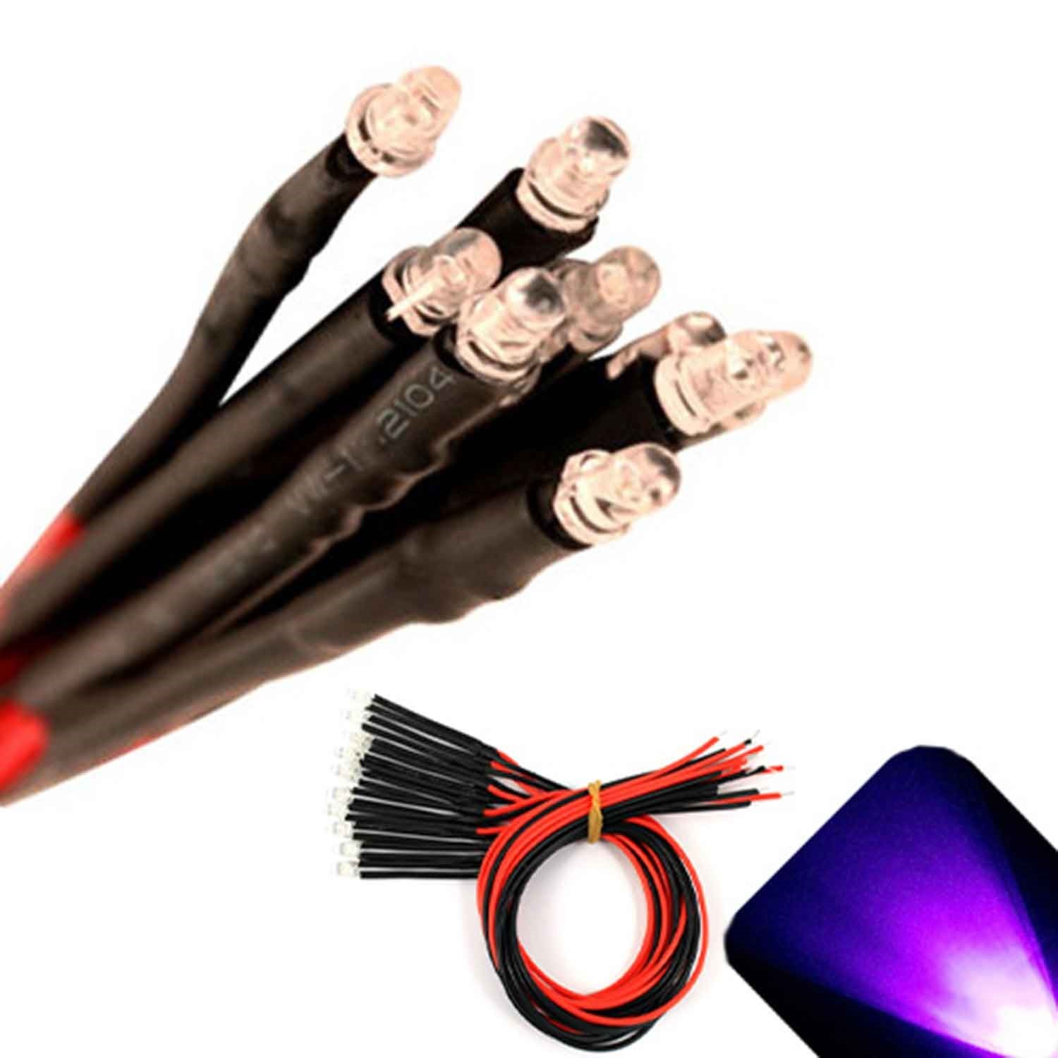 5 x Pre wired 12v 3mm UV Purple LEDs Prewired 12 volt LED 10v 11v 13v 14v 15v