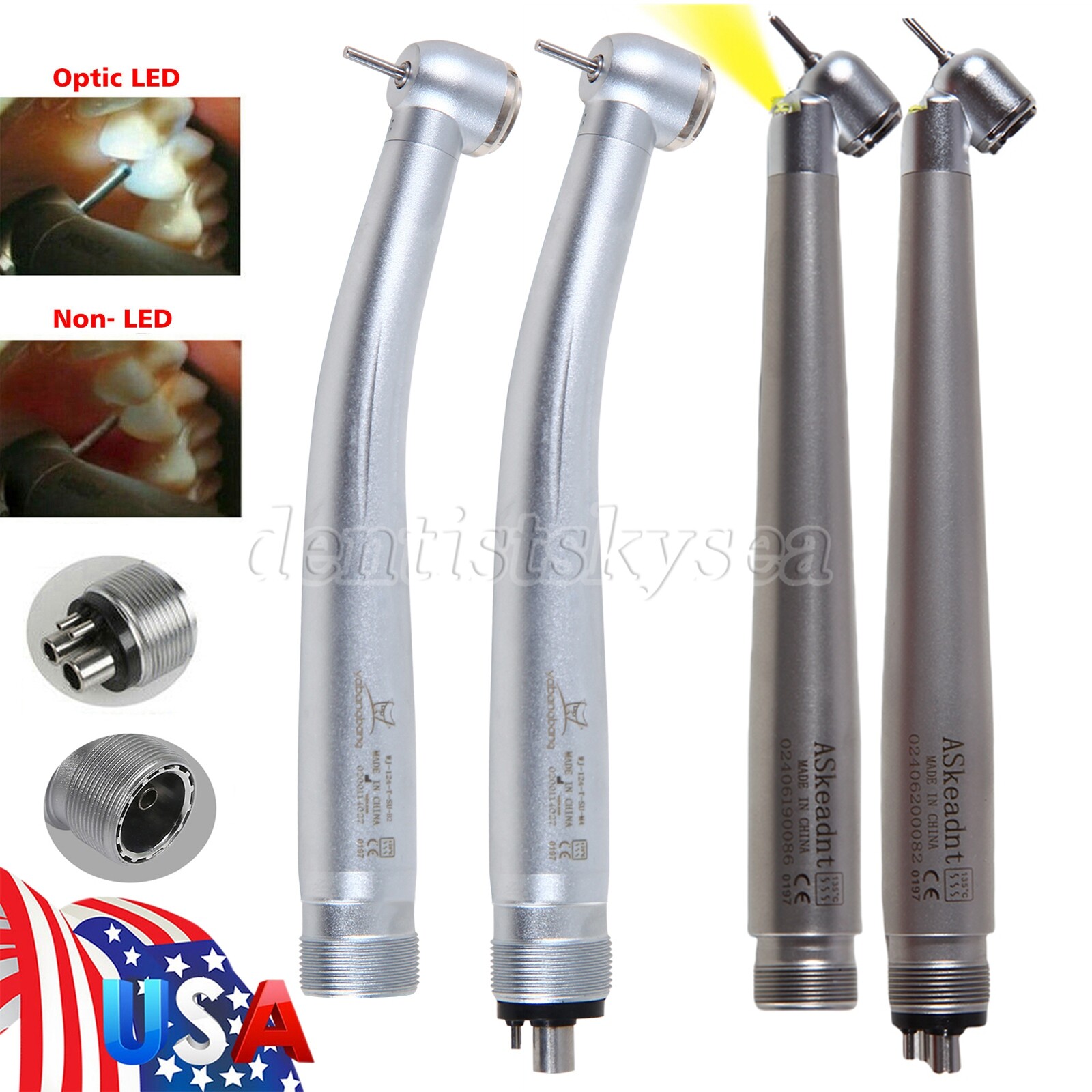 NO-LED High Speed /LED Handpiece 45° Degree Turbine 2/4Holes US Dental