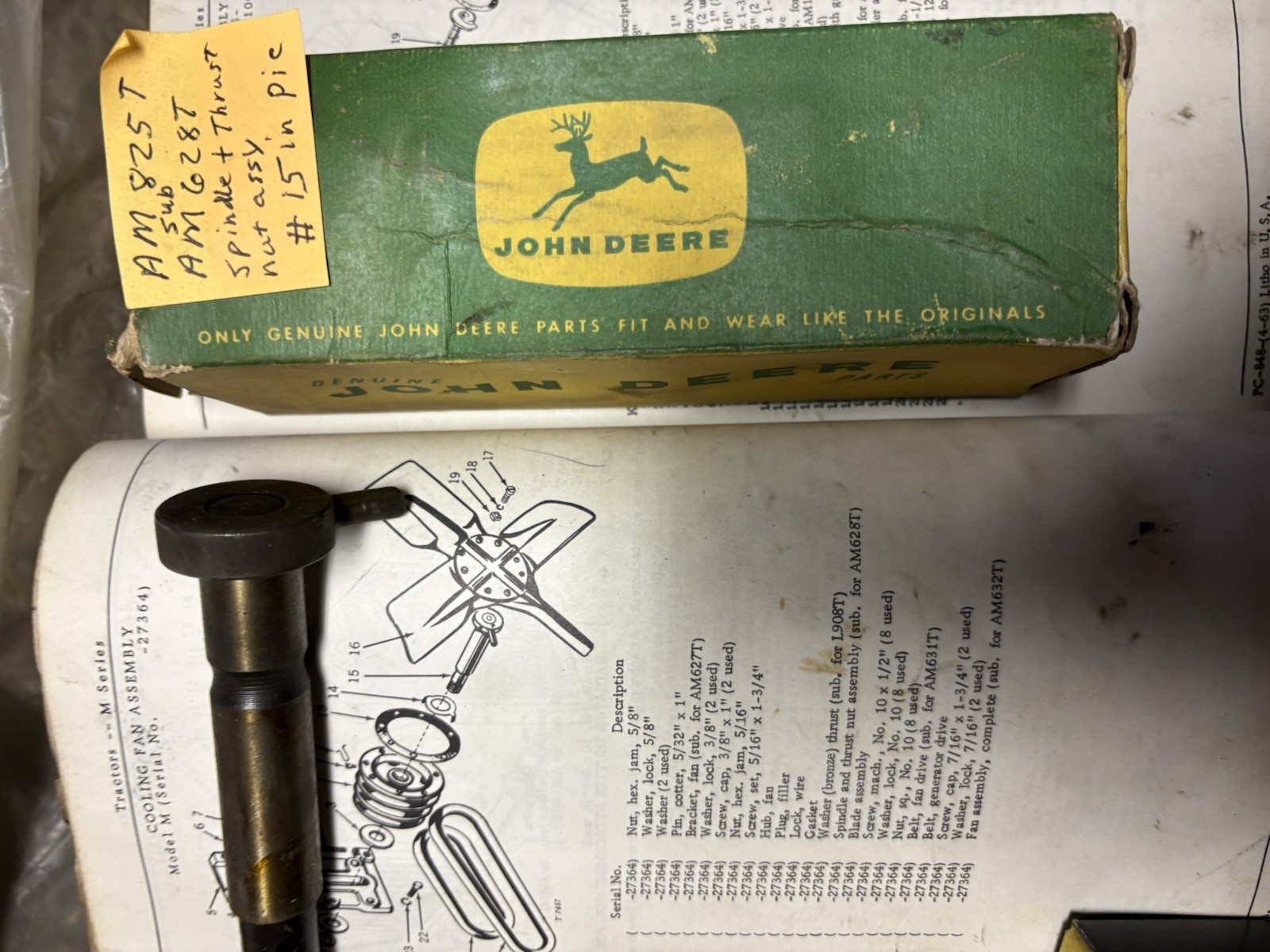 Vintage John Deere M Cooling Fan Assembly Spindle AM 825 T, Sub AM 628 T