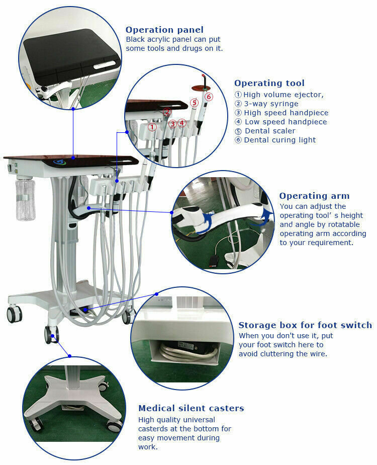 Greeloy GU-P302S Mobile Veterinary Dental Unit Cart + Oil Free Air Compressor 4H