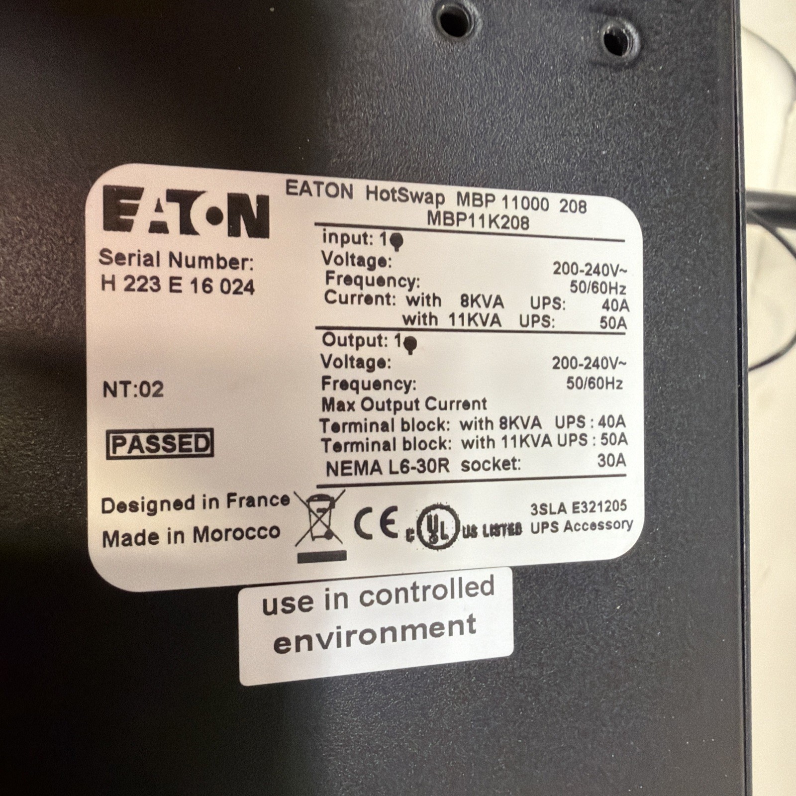 Eaton 9PX Maintenance MBP11K208 Bypass 3U Hardwired W/EBM Cable Hotswap