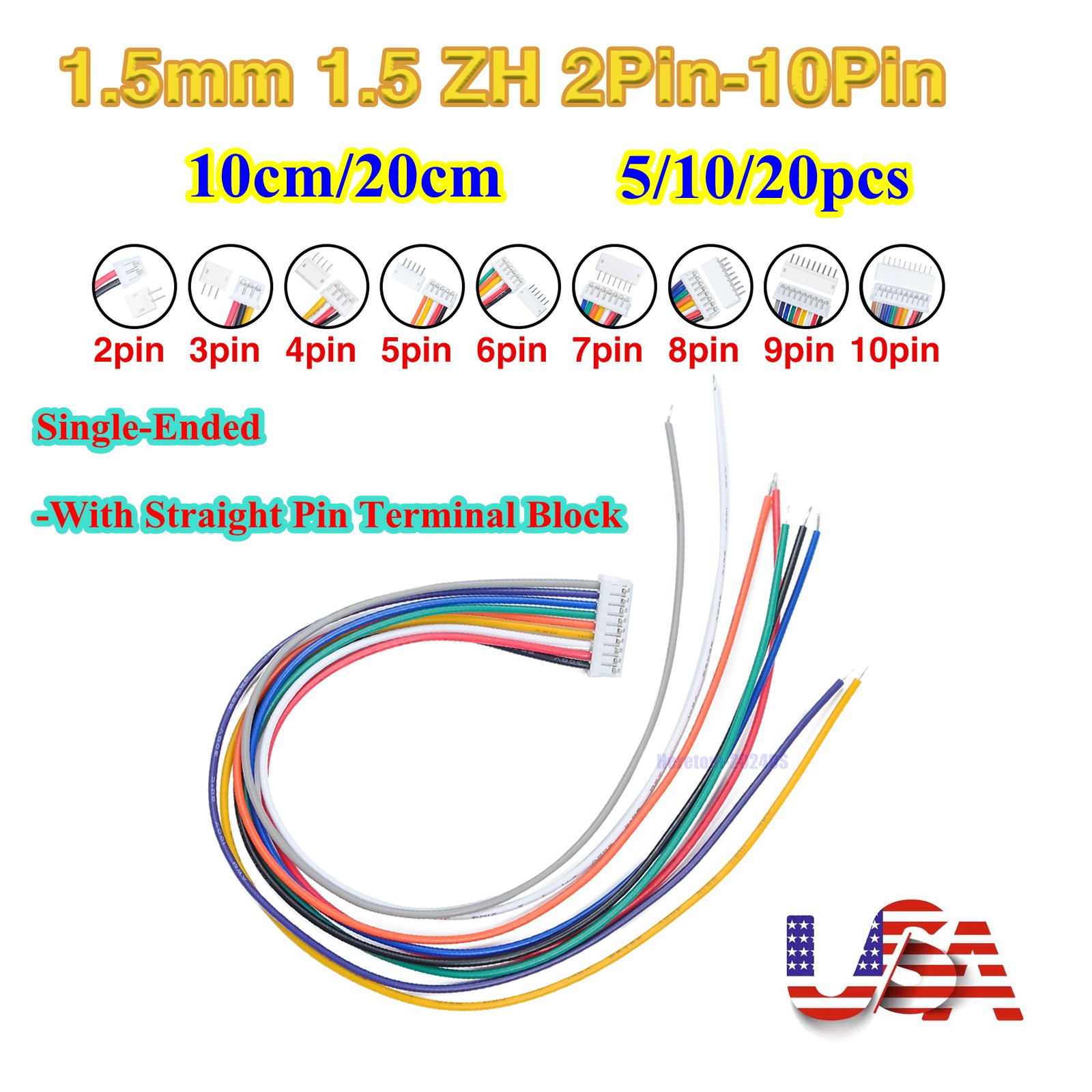 Lot JST ZH1.5mm 2-10Pin Cable Wire, Straight Pin Header Connector, Single Ended