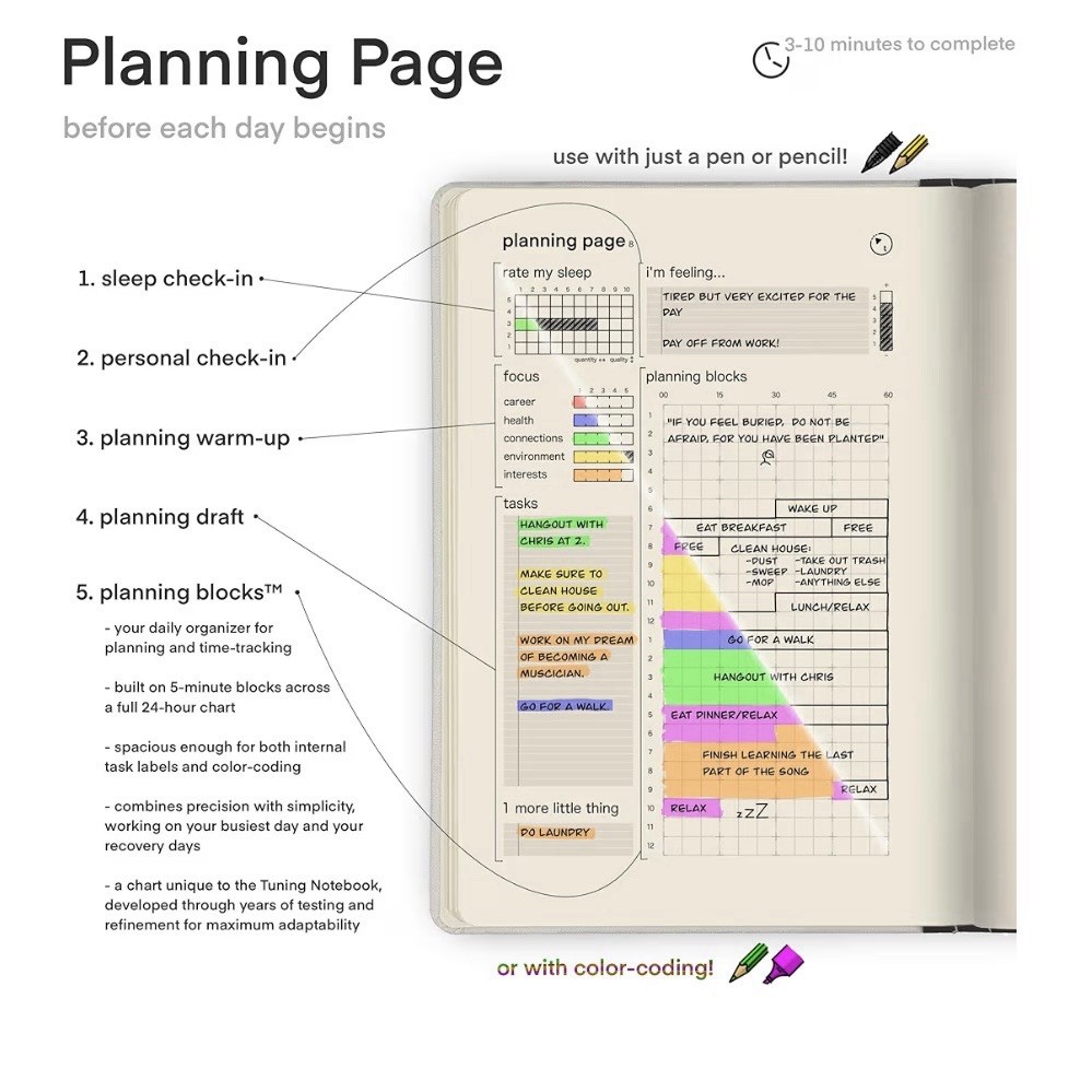Tuning Notebook Daily & Hourly 3 Month Planner & Reflection Journal Minimalist