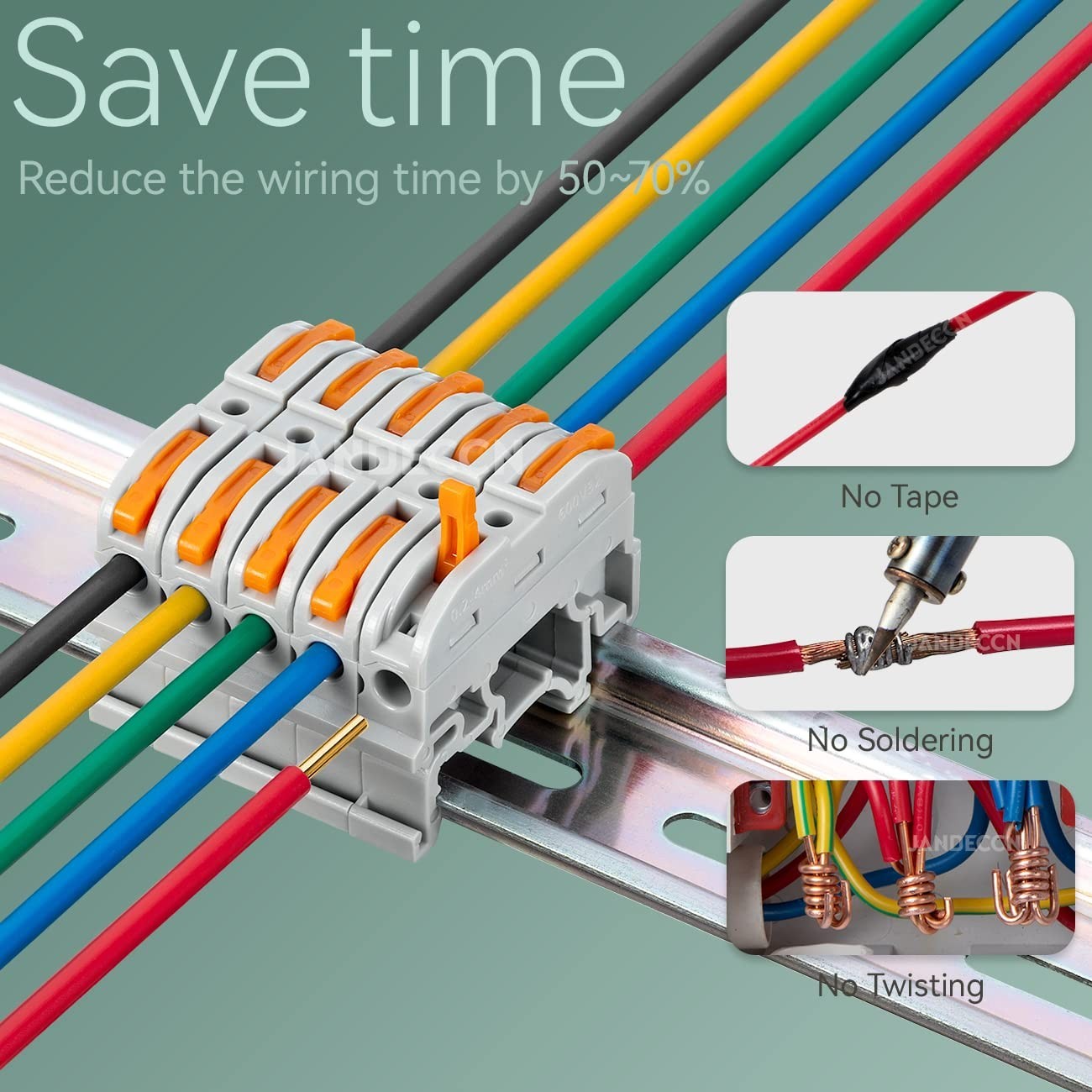 50 Pack Din Rail Terminal Blocks Compact Wire Conductor Wiring Connectors For 24
