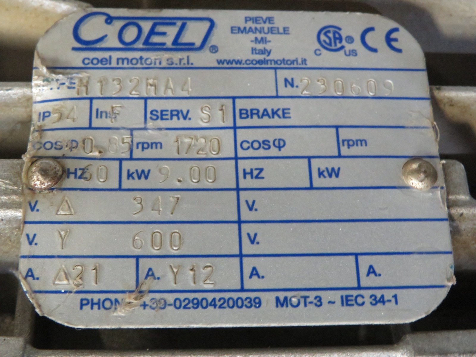 Coel H132HA4 Motor 9kW 1720rpm 347V 600YV TEFC 12Y 21A 60Hz SHELF WEAR USED