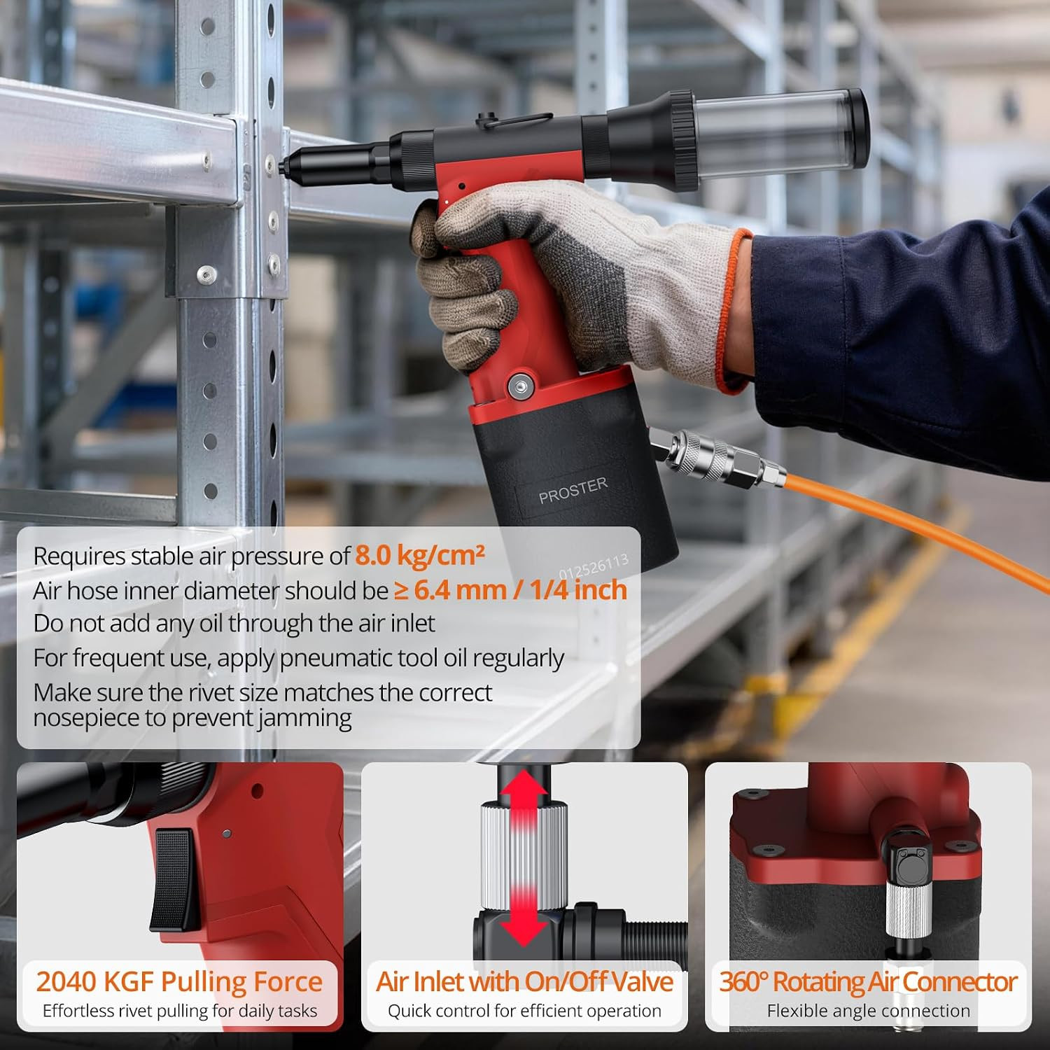 Pneumatic Rivet Gun, 4500LBF Heavy Duty Air Hydraulic Riveter Tool with 4 Interc
