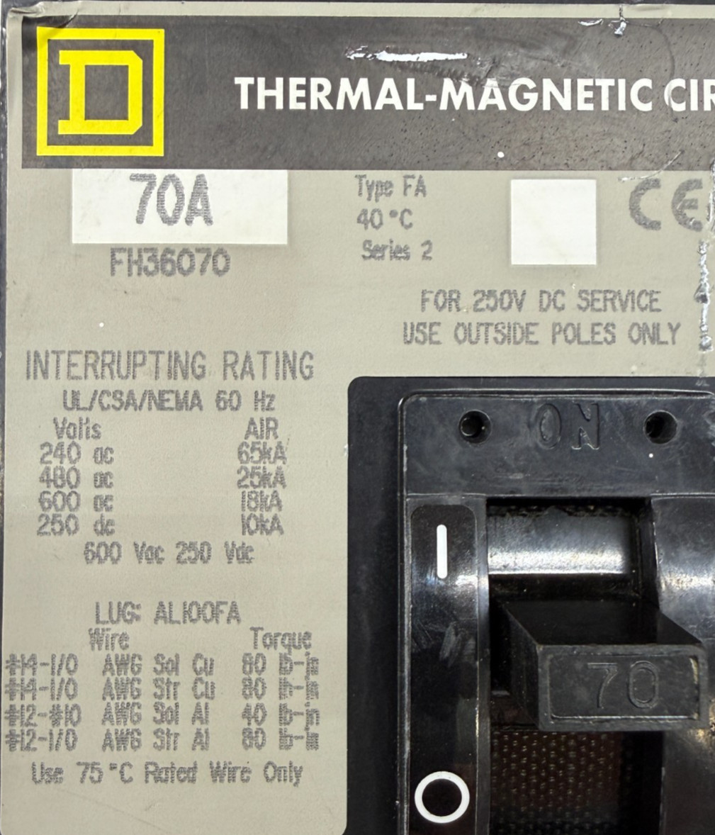 Square D FH36070 70Amp 3Pole 600V 25kA I-Line Circuit Breaker High Interrupting