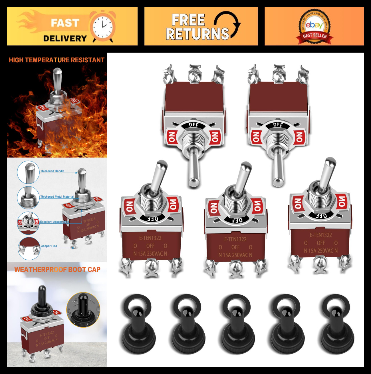 5 Pack Waterproof Toggle Switch 6 Pin ON-OFF-ON 12V DC 30A DPDT for Car Boat Aut