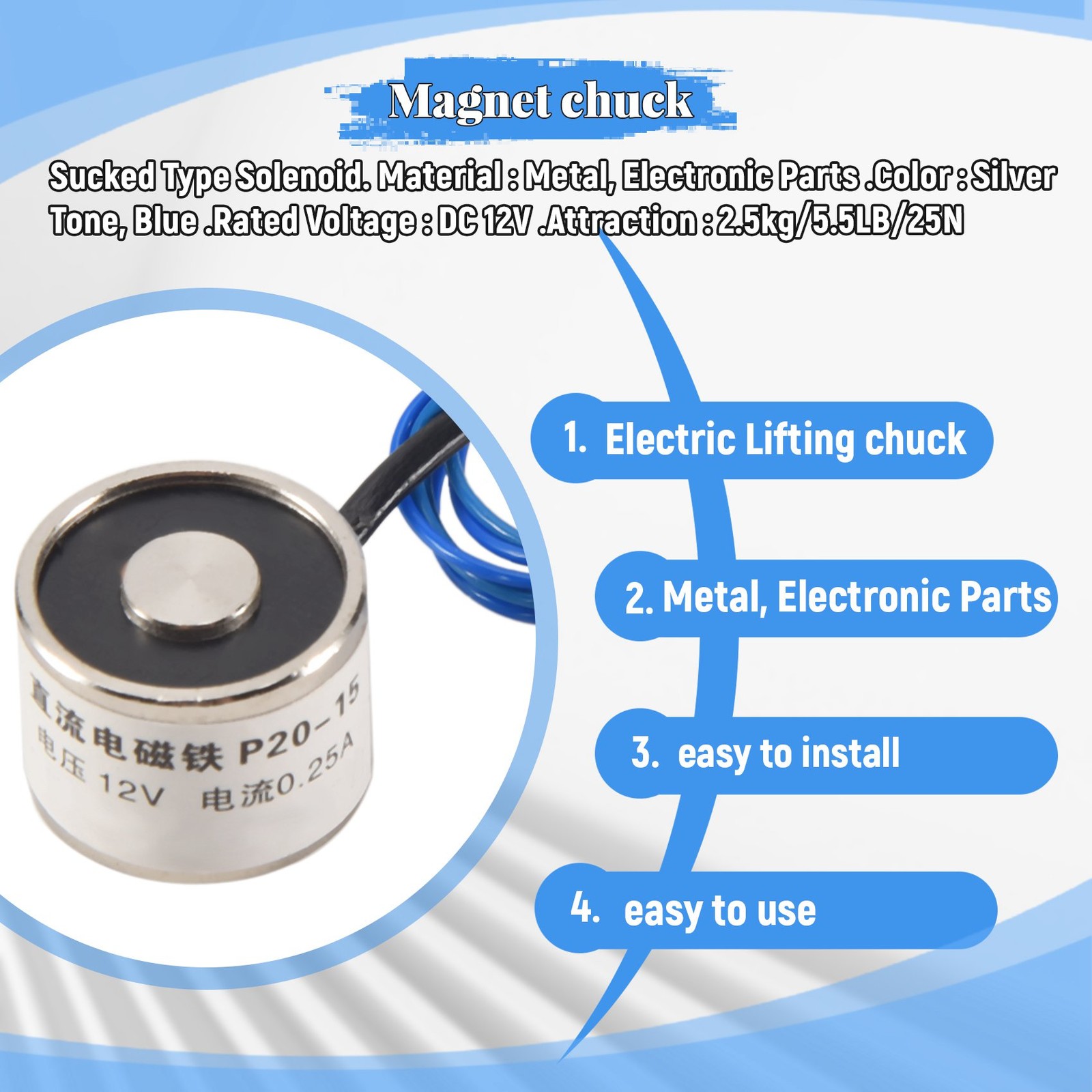 Sucked Electric Lifting Magnet Electromagnet 12VDC 2.5Kg 5.5LB 20x15mm O6Y17204