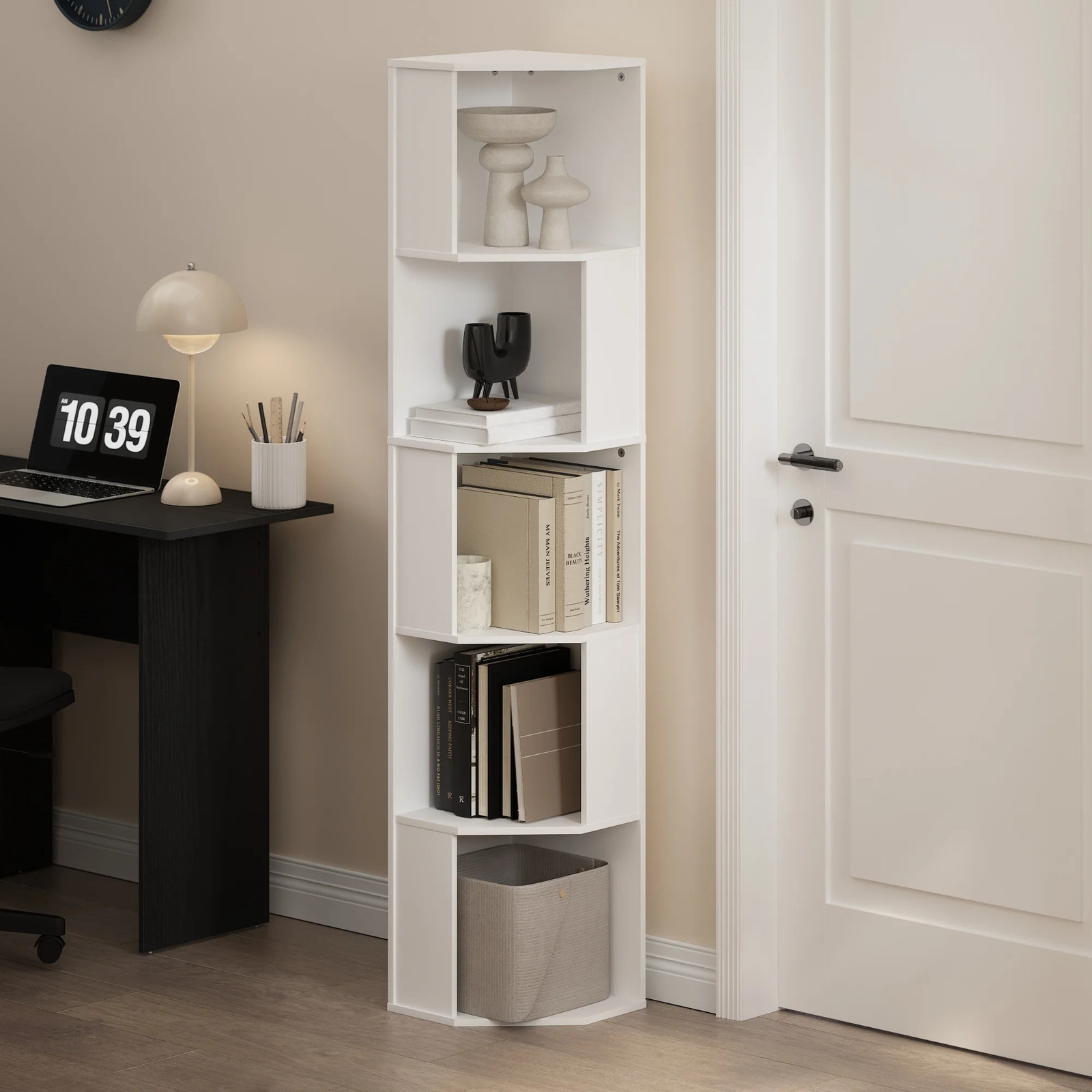 ECON 5-Tier Freestanding Corner Shelf Bookcase in Bookshelf in White