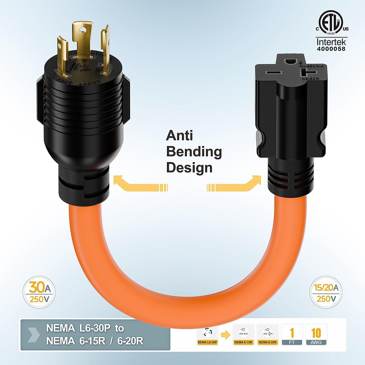 1FT Nema L6-30P 30-Amp Twist Locking Plug Male to 6-20R T-Blade Adapter, STW 12-