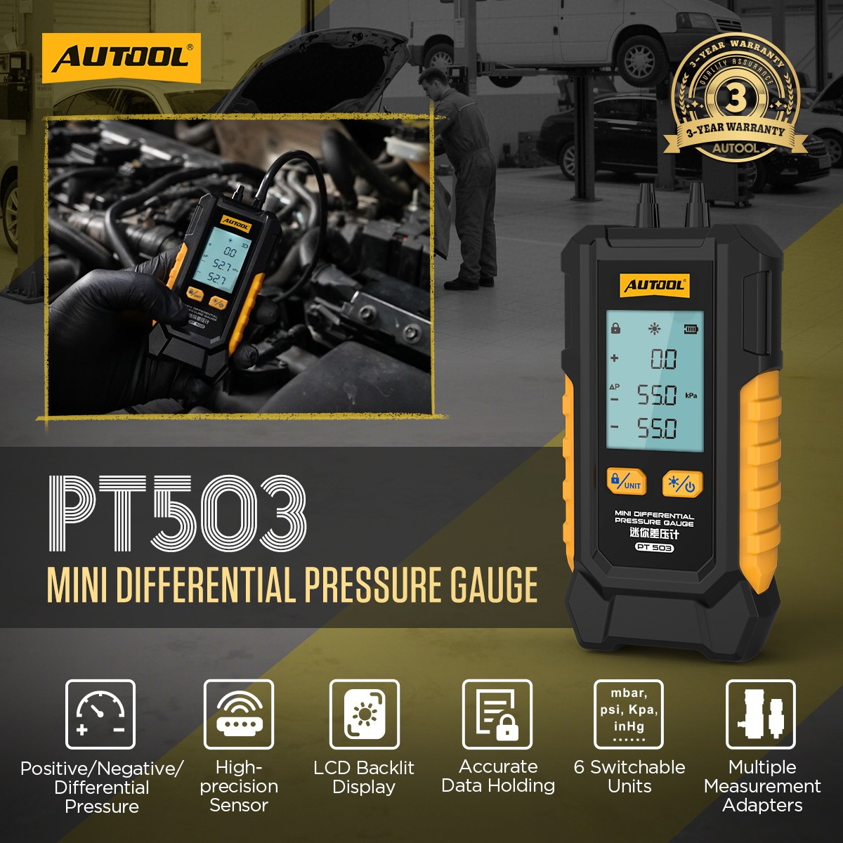 Digital Manometer Gas Air Pressure Tester Dual Port HVAC Tester Meter 200 kPa