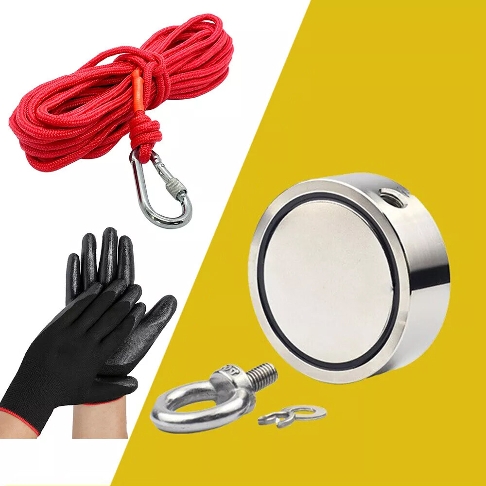 2000 LBS Strong Fishing Magnet Kit Double-Sided Pull Force and Rope Carabiner US