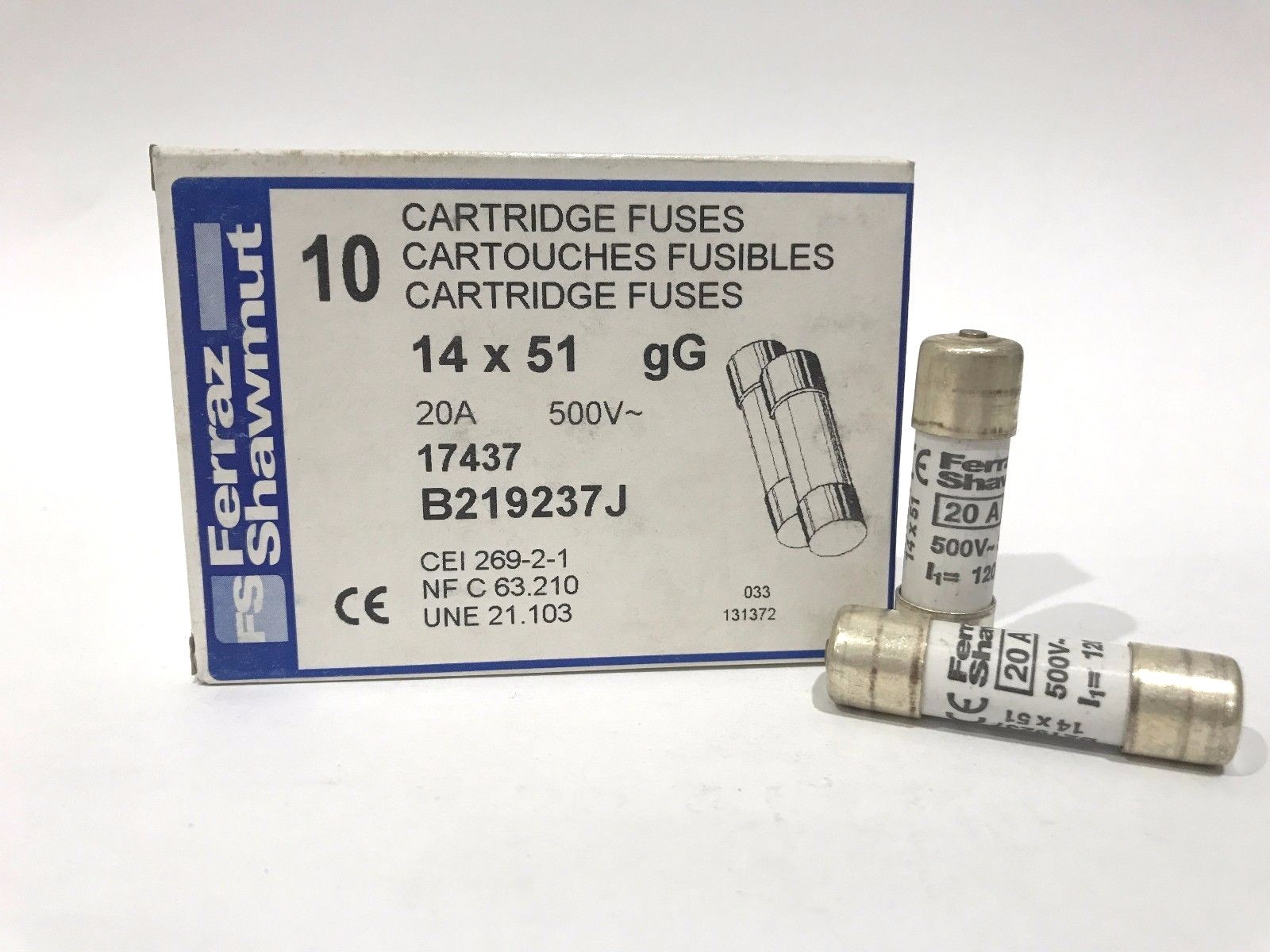 Ferraz Shawmut 14X51 20A 500V gG B219237J with striker, Box with 10 Fuses New!