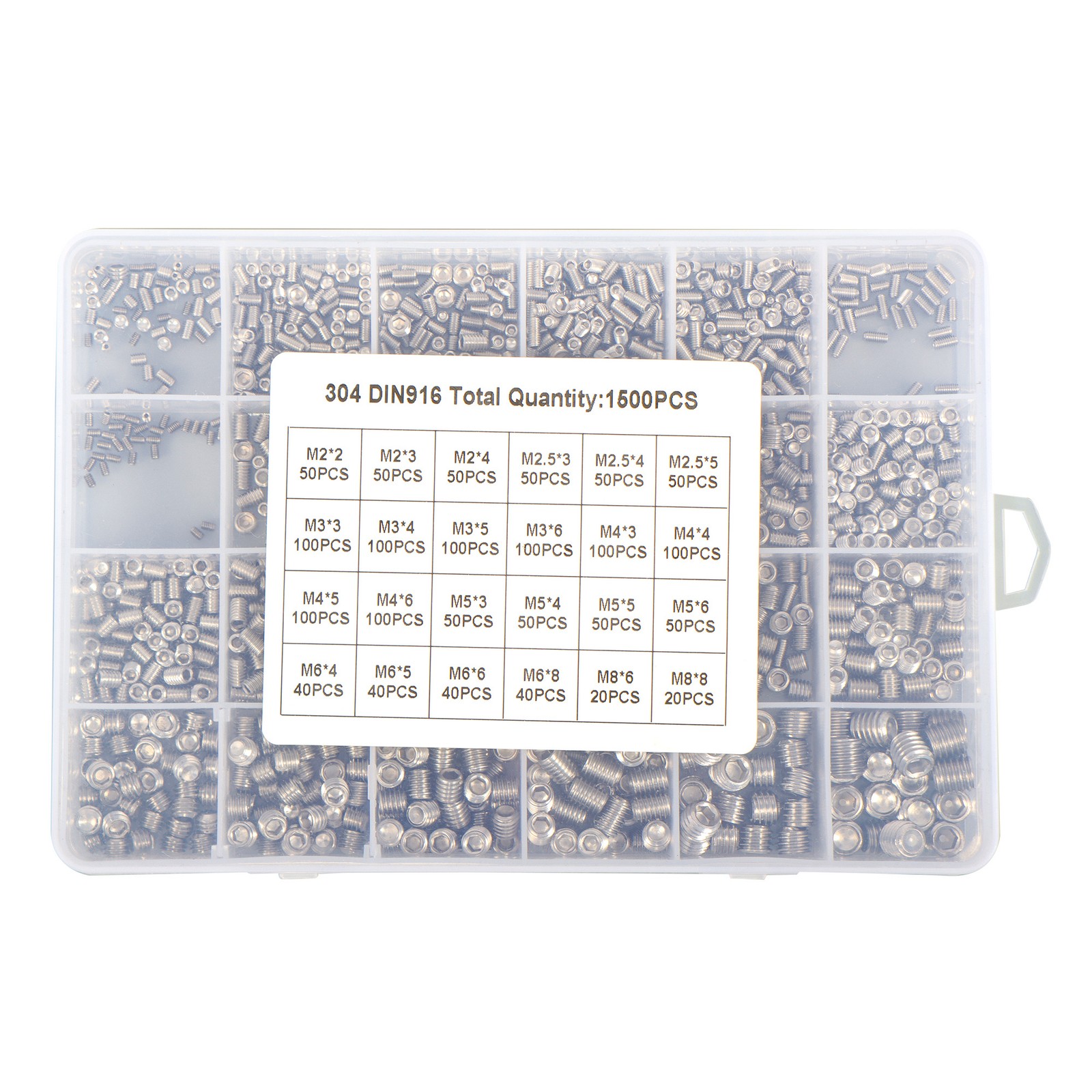 1500PCS Fully Threaded Hex Socket Set Screw Assortment Kit 304 Hex Socket Set
